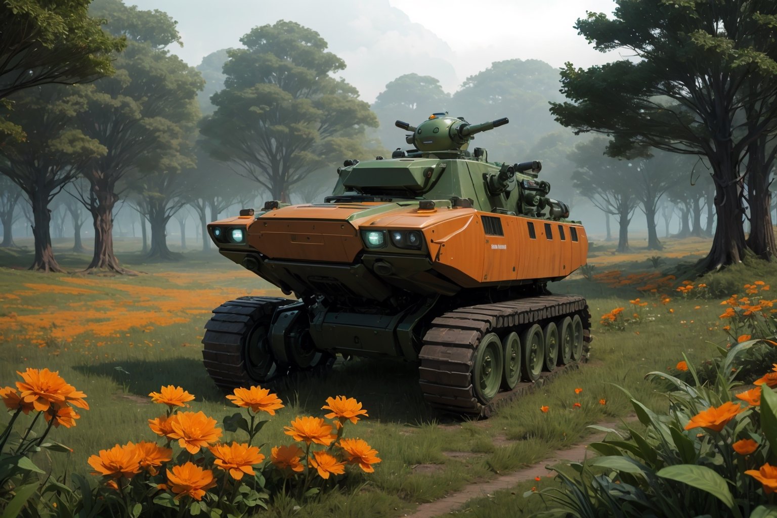  in a green meadow, , in forest, surrounded by nature, fog, bright orange flowers, sunny day, truck with weapons,, high quality, great detail, enveloping atmosphere,,  Spider Tank in a green meadow,non-humanoid robot