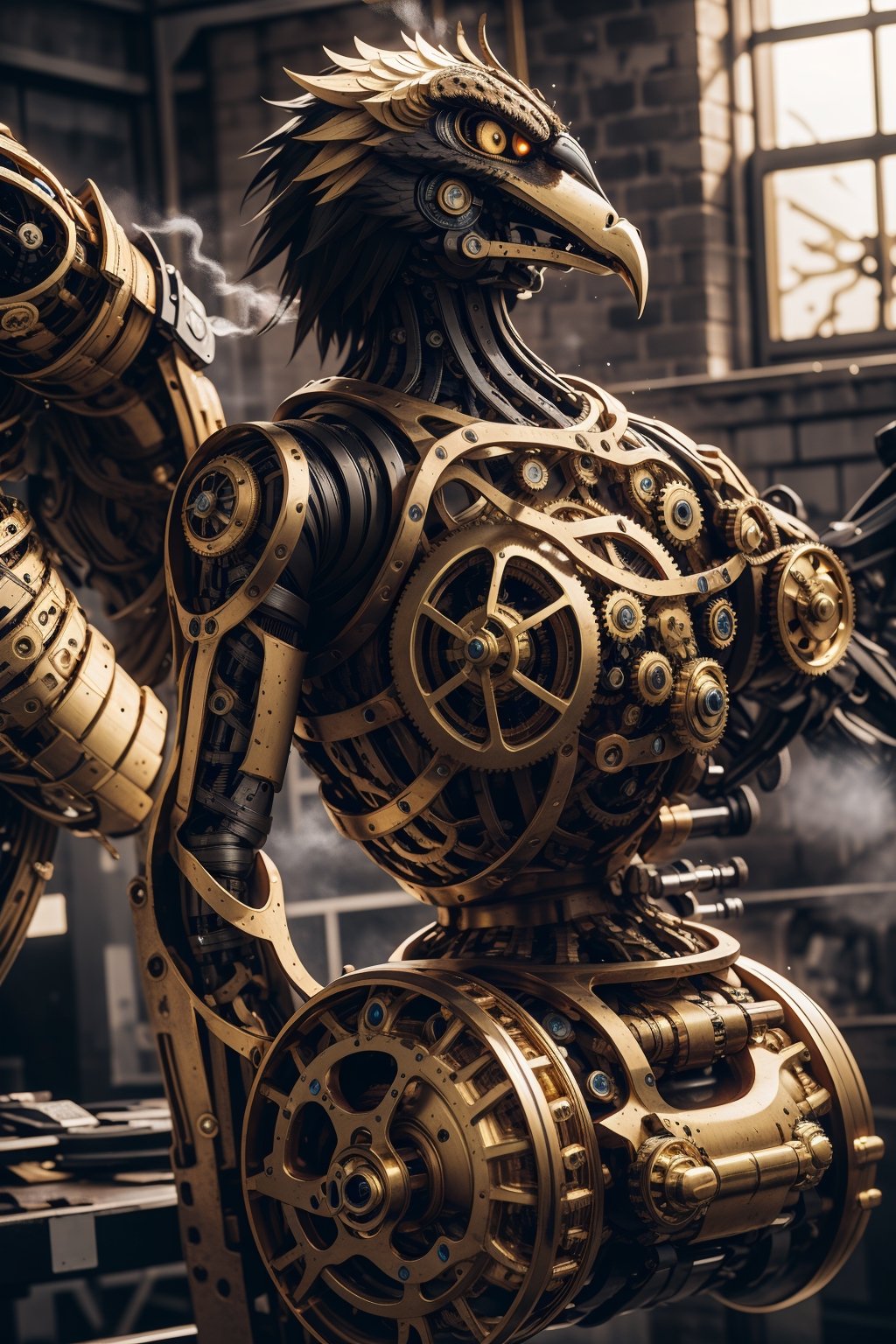 Generates an image of a majestic Steampunk-style robot eagle. Its body is meticulously constructed using intricate clockwork mechanisms, with gears and bronze parts forming its structure. Its rusted metal wings spread elegantly, displaying details of rivets and steam pipes. His eyes shine with an intense golden light, while his beak is adorned with brass ornaments. The eagle stands in an imposing pose, as if it is about to take flight into the steamy skies of a Steampunk city,mechanical,metal