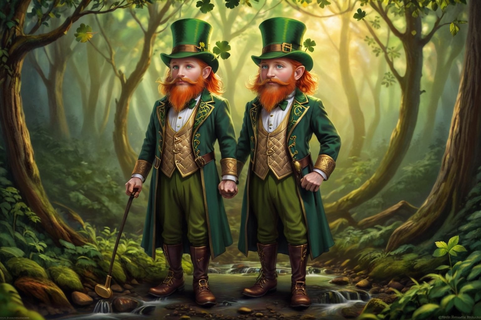 orange hair and beard
1 person only
facial features of an old man, elderly person, grandfather's face
detailed facial features, great detail on the face
dwarf, pixie, very short man
(((standing, full body, Leprechaun, Irish leprechaun, forest spirit, humanoid, small man, green suit, green top hat)))
Imagine a mystical and enchanted landscape where emerald green and gold colors intertwine in a dance of light and shadow. In the center of the scene, an ancient forest emerges, its trees seem to whisper ancient secrets while the leaves dance to the rhythm of the wind. High in the sky, a resplendent rainbow curves majestically, revealing a legendary treasure that awaits those with brave hearts. In the clearing of this magical forest, an enigmatic figure appears: a leprechaun, guardian of fortune and bearer of the Celtic essence. The fae's gaze shines with ancient wisdom, inviting viewers to enter a realm of wonder and adventure. What hidden secrets and lost treasures await in this dream world inspired by the magic of St. Patrick and rich Celtic tradition?,SaintP,,asmongold,gothic art, oil painting,shards,druidic,Movie Still