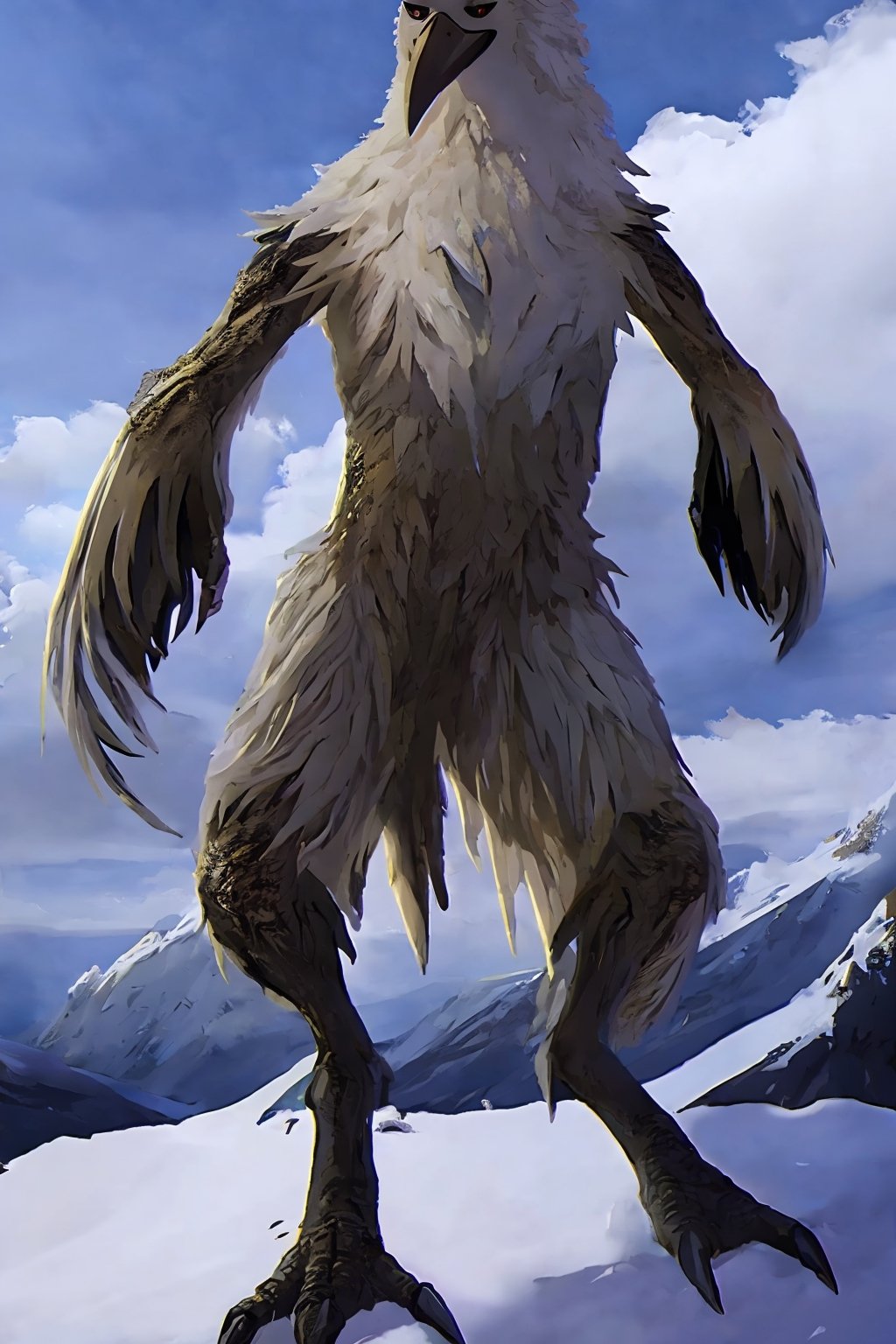 Opium bird, standing, feathers, white feathers, bird, birdman, humanoid, bird head, with extremely long beak, long beak, long mouth, full body, bird legs, bird arms, sinister, terrifying, beautiful , ragged, wide body, fat

High quality, HD, 4kHD, cinematic, atmospheric, realistic, ultra-realistic
snow, mountain, cloudy, gray sky, dark clouds
Detail,lora:largebulg1-000012:1,AIDA_NH_humans,Pixel art,lora:largebulg1-000012:1