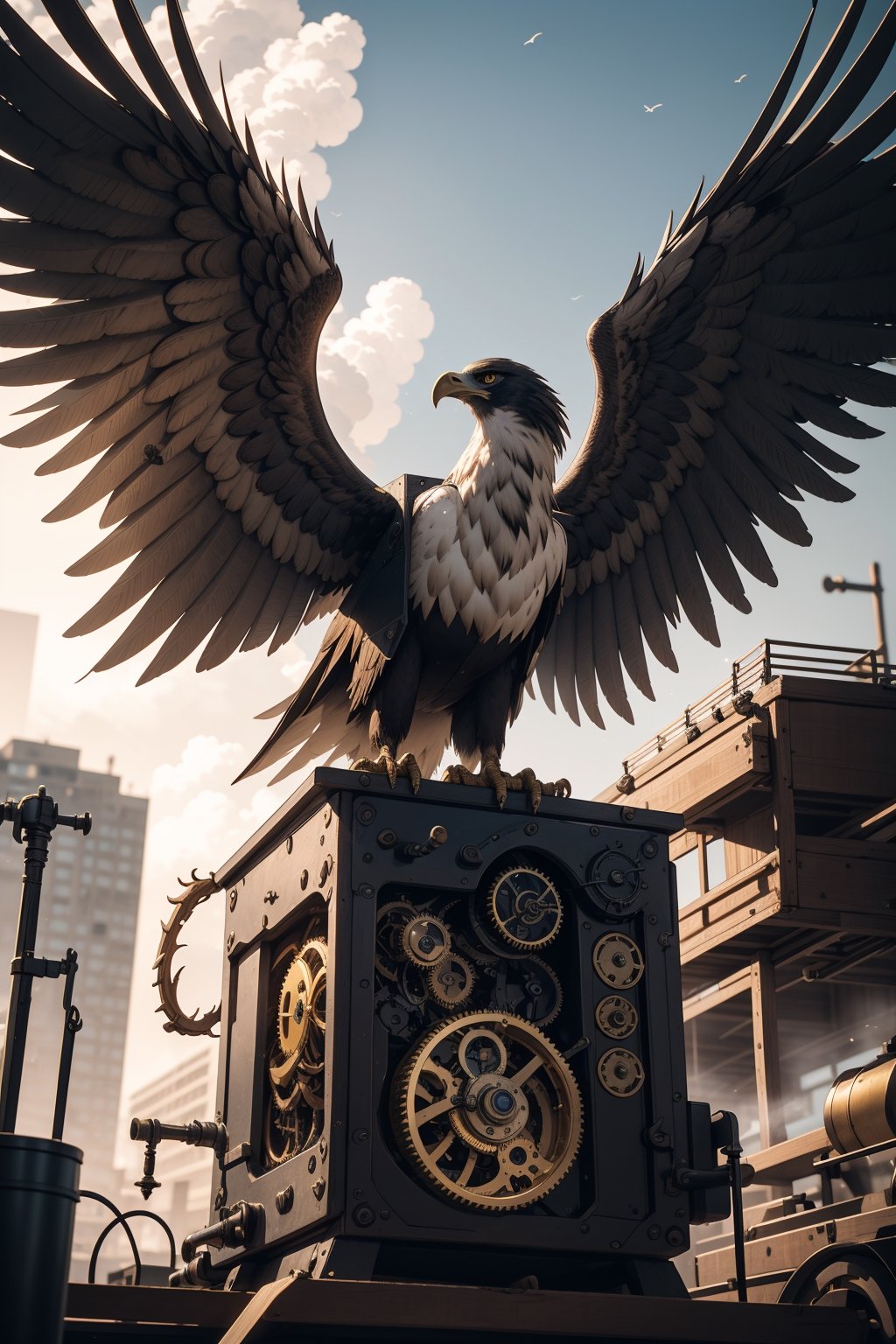 Generates an image of a majestic Steampunk-style robot eagle. Its body is meticulously constructed using intricate clockwork mechanisms, with gears and bronze parts forming its structure. Its rusted metal wings spread elegantly, displaying details of rivets and steam pipes. His eyes shine with an intense golden light, while his beak is adorned with brass ornaments. The eagle stands in an imposing pose, as if it is about to take flight into the steamy skies of a Steampunk city