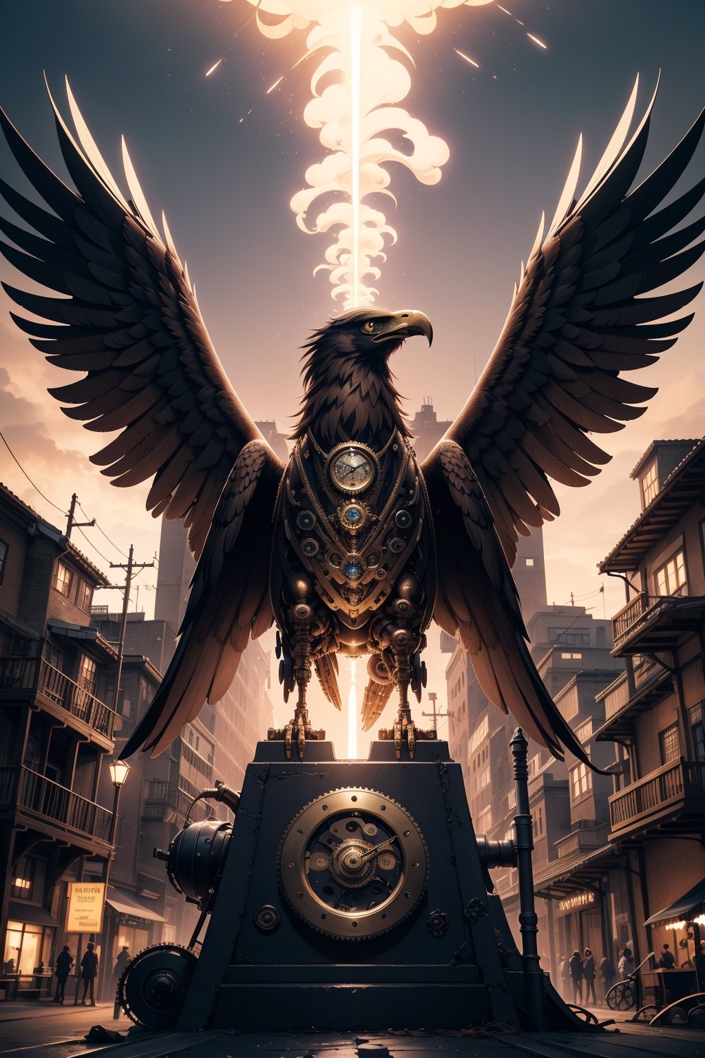 Generates an image of a majestic Steampunk-style robot eagle. Its body is meticulously constructed using intricate clockwork mechanisms, with gears and bronze parts forming its structure. Its rusted metal wings spread elegantly, displaying details of rivets and steam pipes. His eyes shine with an intense golden light, while his beak is adorned with brass ornaments. The eagle stands in an imposing pose, as if it is about to take flight into the steamy skies of a Steampunk city