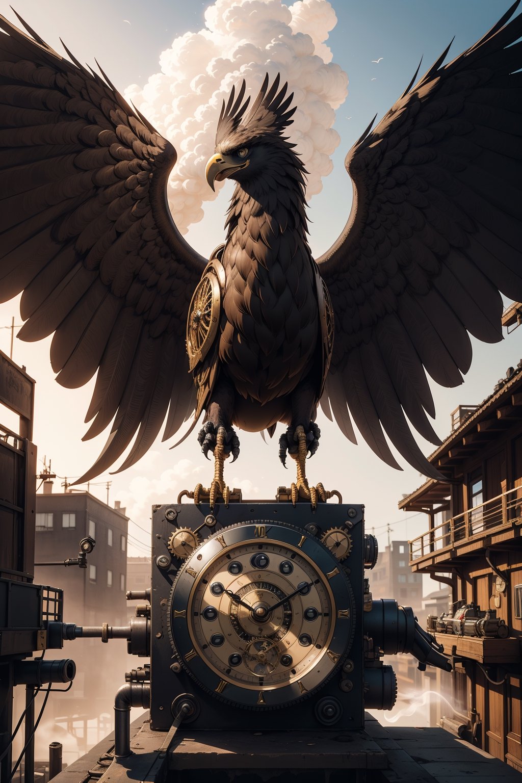 Generates an image of a majestic Steampunk-style robot eagle. Its body is meticulously constructed using intricate clockwork mechanisms, with gears and bronze parts forming its structure. Its rusted metal wings spread elegantly, displaying details of rivets and steam pipes. His eyes shine with an intense golden light, while his beak is adorned with brass ornaments. The eagle stands in an imposing pose, as if it is about to take flight into the steamy skies of a Steampunk city