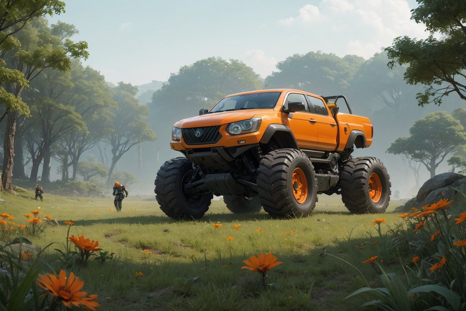  in a green meadow, , in forest, surrounded by nature,  bright orange flowers, sunny day, Futuristic truck, 4x4, truck with weapons,, high quality, great detail, enveloping atmosphere,,  Spider Tank in a green meadow,non-humanoid robot