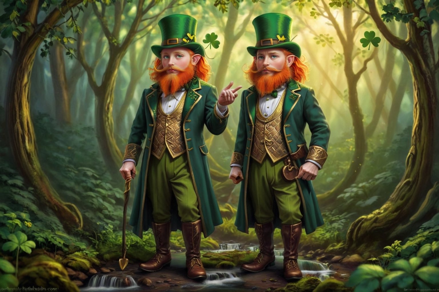 orange hair and beard
1 person only
facial features of an old man, elderly person, grandfather's face
detailed facial features, great detail on the face
dwarf, pixie, very short man
(((standing, full body, Leprechaun, Irish leprechaun, forest spirit, humanoid, small man, green suit, green top hat)))
Imagine a mystical and enchanted landscape where emerald green and gold colors intertwine in a dance of light and shadow. In the center of the scene, an ancient forest emerges, its trees seem to whisper ancient secrets while the leaves dance to the rhythm of the wind. High in the sky, a resplendent rainbow curves majestically, revealing a legendary treasure that awaits those with brave hearts. In the clearing of this magical forest, an enigmatic figure appears: a leprechaun, guardian of fortune and bearer of the Celtic essence. The fae's gaze shines with ancient wisdom, inviting viewers to enter a realm of wonder and adventure. What hidden secrets and lost treasures await in this dream world inspired by the magic of St. Patrick and rich Celtic tradition?,SaintP,,asmongold,gothic art, oil painting,shards,druidic,Movie Still