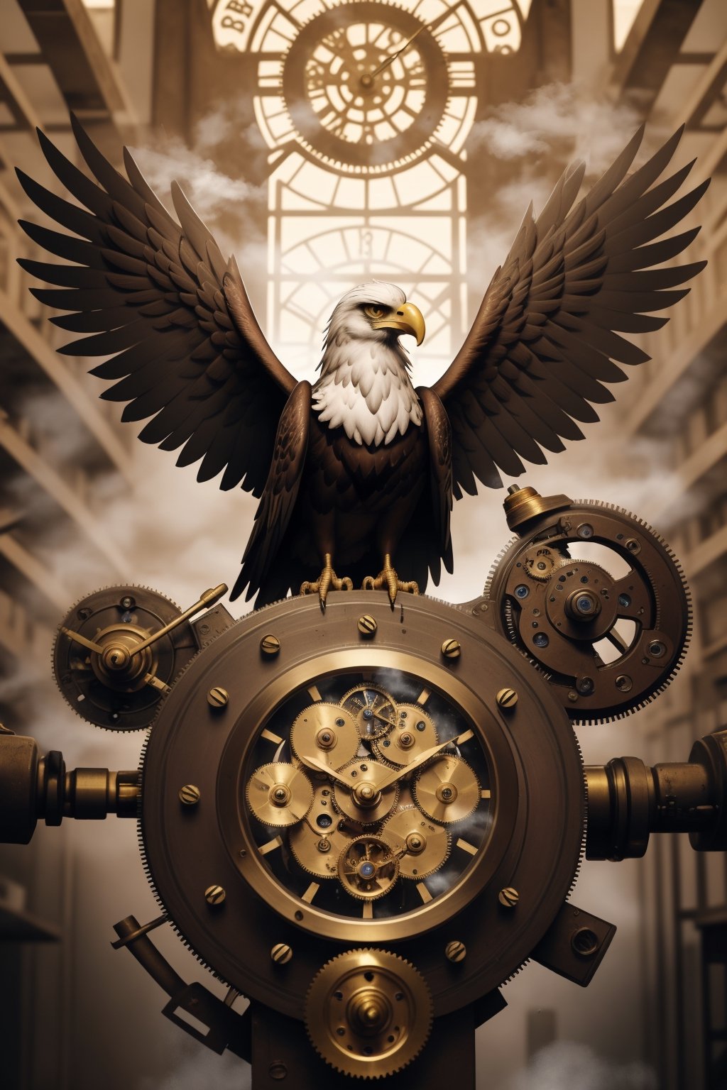 Generates an image of a majestic Steampunk-style robot eagle. Its body is meticulously constructed using intricate clockwork mechanisms, with gears and bronze parts forming its structure. Its rusted metal wings spread elegantly, displaying details of rivets and steam pipes. His eyes shine with an intense golden light, while his beak is adorned with brass ornaments. The eagle stands in an imposing pose, as if it is about to take flight into the steamy skies of a Steampunk city