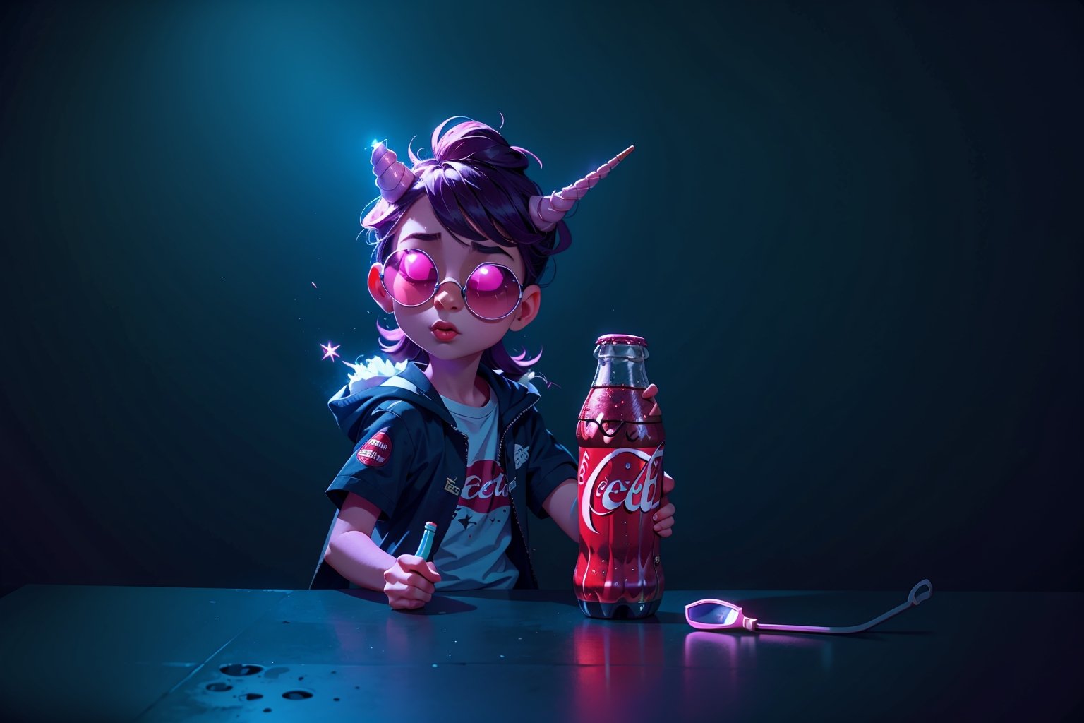 Unicorn with sunglasses drinking coke, COCA-COLA, drink, drinking coke, realistic, photorealistic, cinematic, Magical Fantasy style, Magical Fantasy style, neon photography style,3DMM