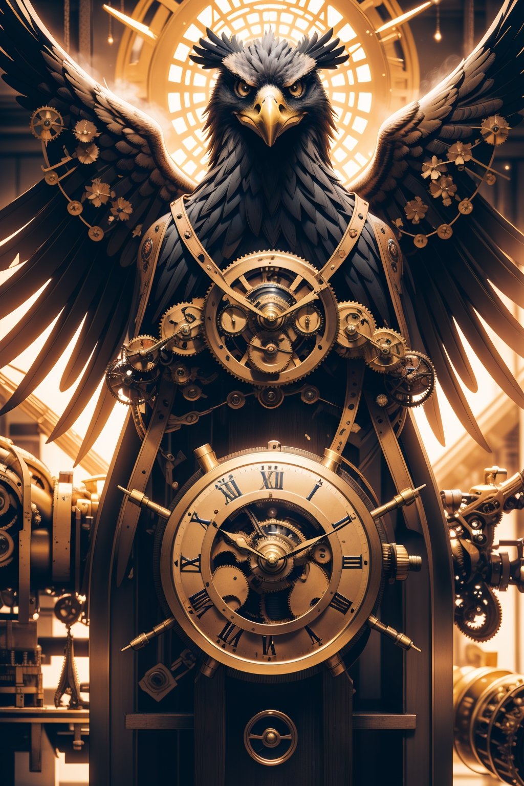 Generates an image of a majestic Steampunk-style robot eagle. Its body is meticulously constructed using intricate clockwork mechanisms, with gears and bronze parts forming its structure. Its rusted metal wings spread elegantly, displaying details of rivets and steam pipes. His eyes shine with an intense golden light, while his beak is adorned with brass ornaments. The eagle stands in an imposing pose, as if it is about to take flight into the steamy skies of a Steampunk city,mechanical