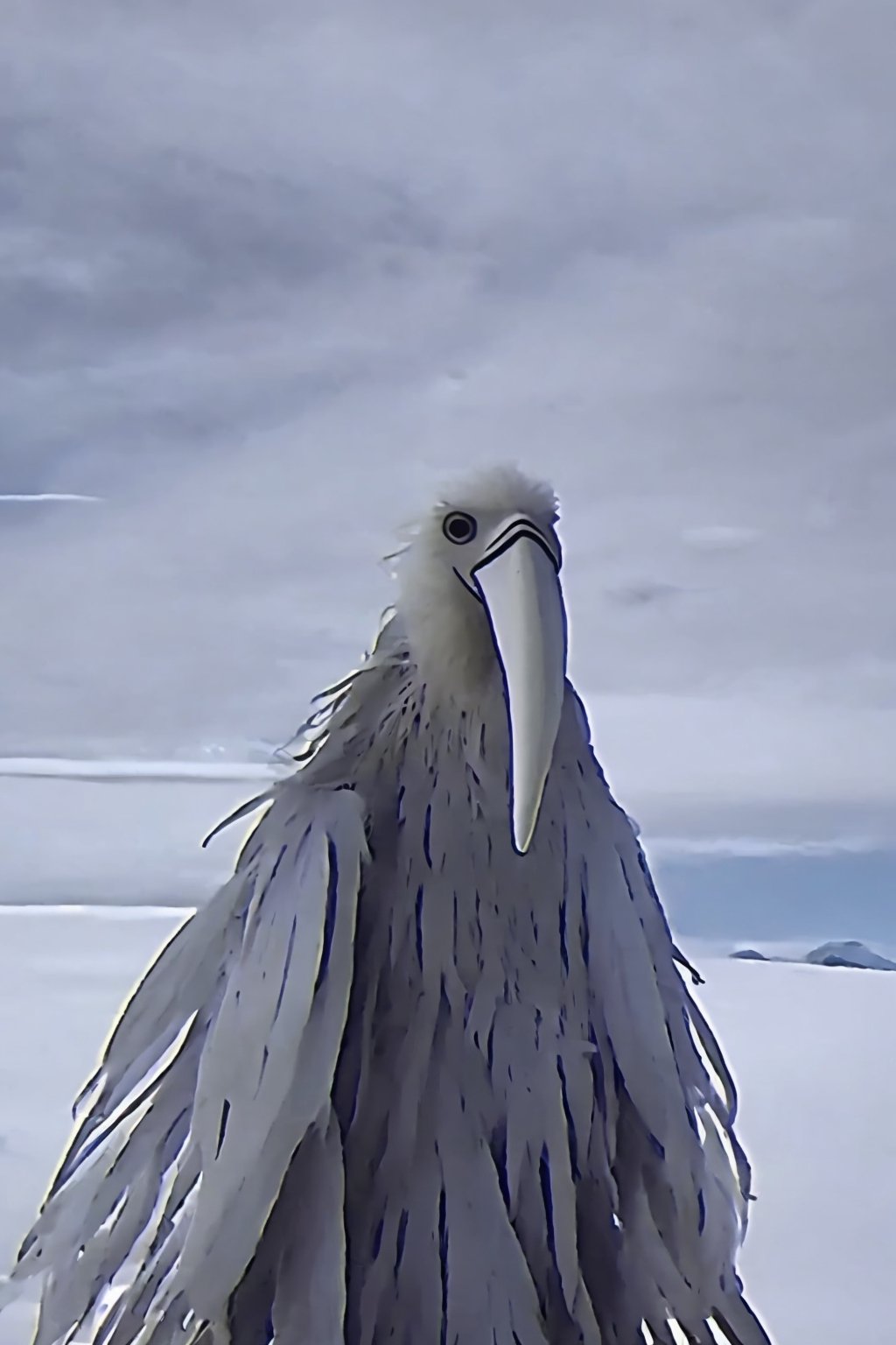 Opium bird, standing, feathers, white feathers, bird, birdman, humanoid, bird head, with extremely long beak, long beak, long mouth, stylized, thin, full body, bird legs, bird arms, sinister, terrifying, beautiful

High quality, HD, 4kHD, cinematic, atmospheric, realistic, ultra-realistic
snow, mountain, cloudy, gray sky, dark clouds
More Detail,lora:largebulg1-000012:1,AIDA_NH_humans