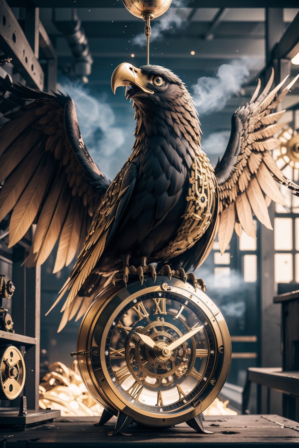 Generates an image of a majestic Steampunk-style robot eagle. Its body is meticulously constructed using intricate clockwork mechanisms, with gears and bronze parts forming its structure. Its rusted metal wings spread elegantly, displaying details of rivets and steam pipes. His eyes shine with an intense golden light, while his beak is adorned with brass ornaments. The eagle stands in an imposing pose, as if it is about to take flight into the steamy skies of a Steampunk city,mechanical,metal