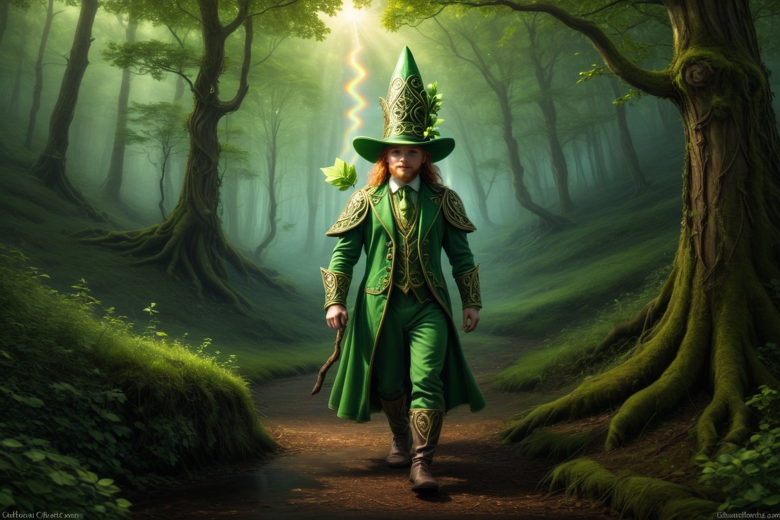 (((Leprechaun, Irish leprechaun, forest spirit, humanoid, small man, green suit, green top hat)))
Imagine a mystical and enchanted landscape where emerald green and gold colors intertwine in a dance of light and shadow. In the center of the scene, an ancient forest emerges, its trees seem to whisper ancient secrets while the leaves dance to the rhythm of the wind. High in the sky, a resplendent rainbow curves majestically, revealing a legendary treasure that awaits those with brave hearts. In the clearing of this magical forest, an enigmatic figure appears: a leprechaun, guardian of fortune and bearer of the Celtic essence. The fae's gaze shines with ancient wisdom, inviting viewers to enter a realm of wonder and adventure. What hidden secrets and lost treasures await in this dream world inspired by the magic of St. Patrick and rich Celtic tradition?