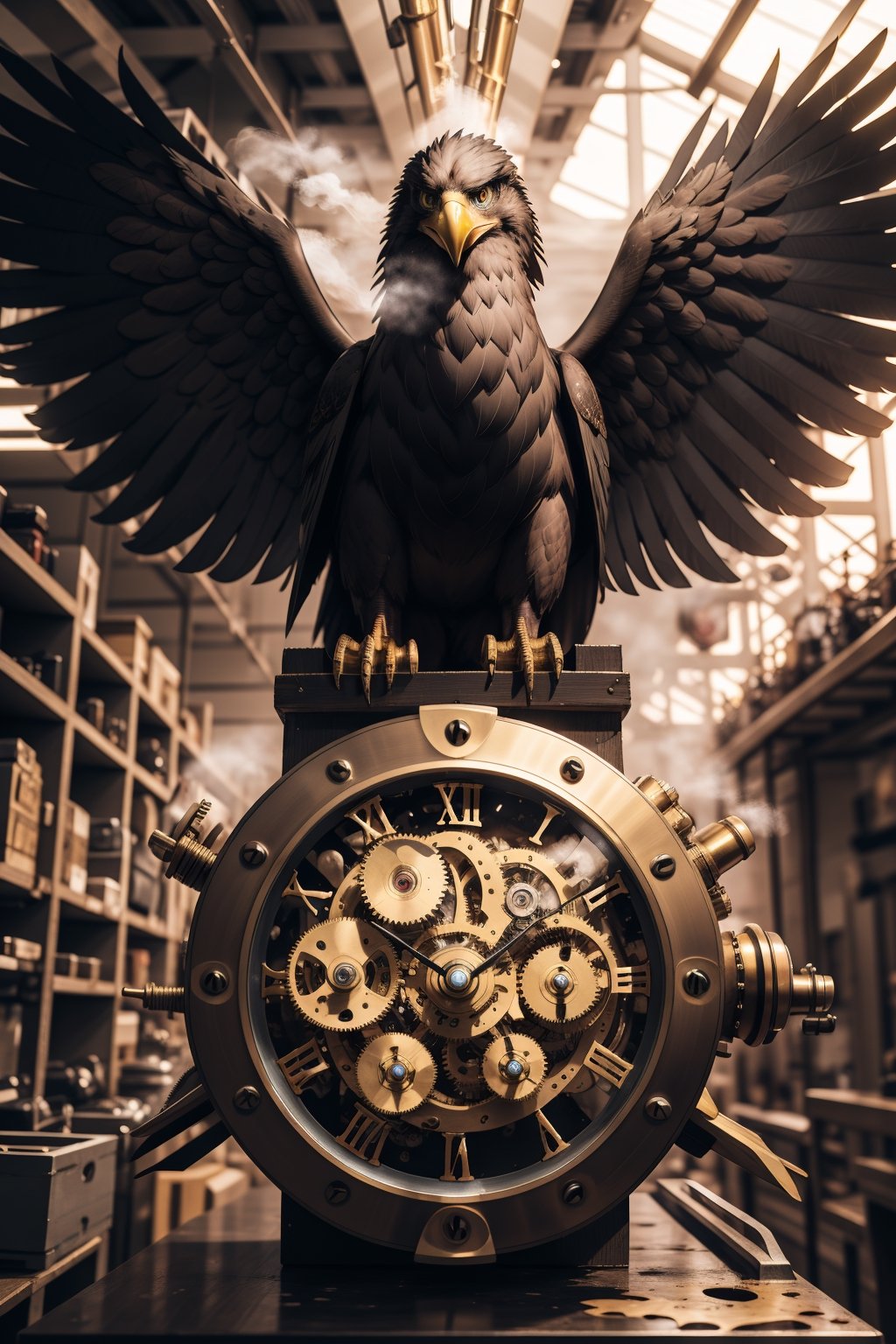 Generates an image of a majestic Steampunk-style robot eagle. Its body is meticulously constructed using intricate clockwork mechanisms, with gears and bronze parts forming its structure. Its rusted metal wings spread elegantly, displaying details of rivets and steam pipes. His eyes shine with an intense golden light, while his beak is adorned with brass ornaments. The eagle stands in an imposing pose, as if it is about to take flight into the steamy skies of a Steampunk city,mechanical