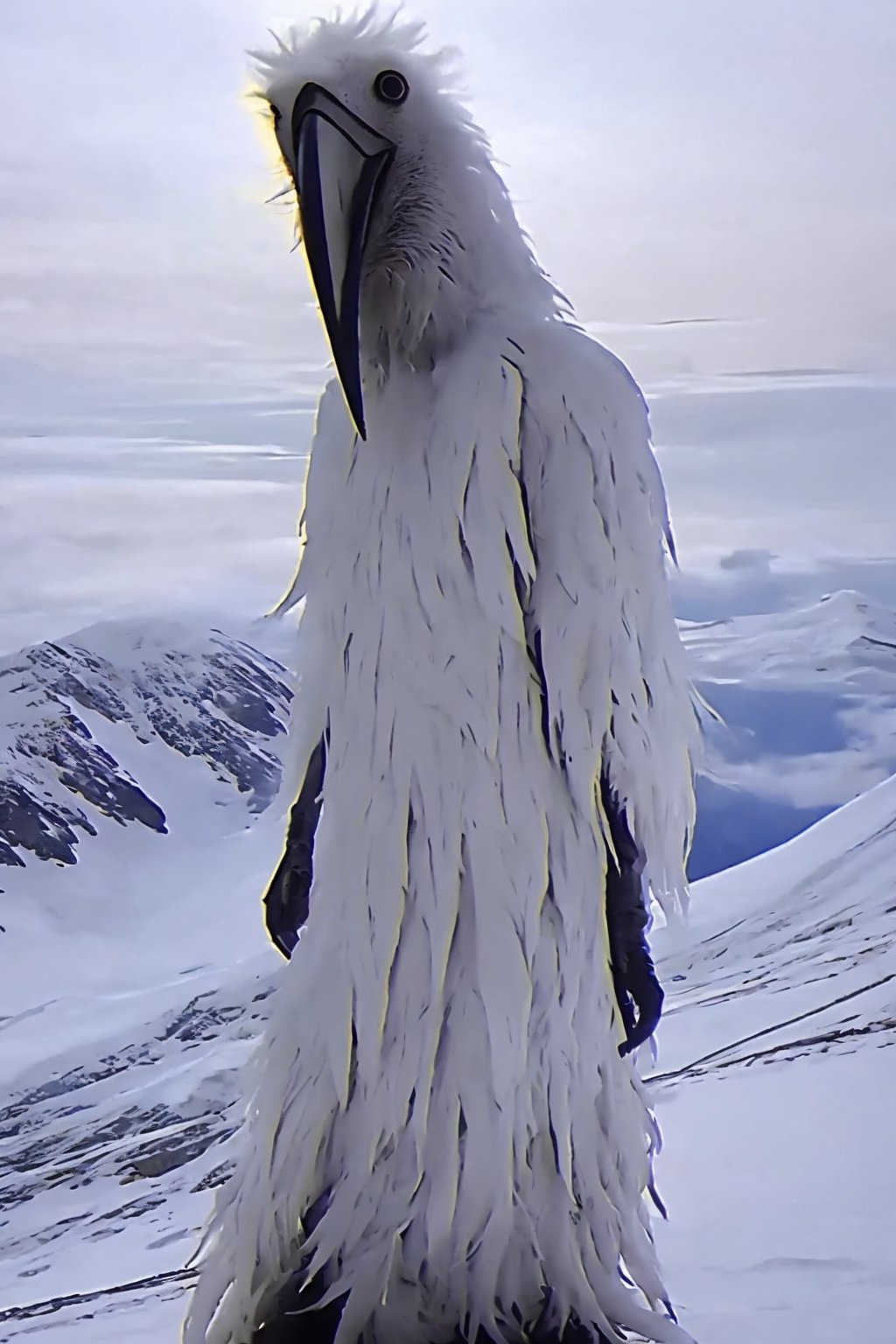 Opium bird, standing, feathers, white feathers, bird, birdman, humanoid, bird head, with beak, stylized, thin, full body, bird legs, bird arms, sinister, terrifying, beautiful

High quality, HD, 4kHD, cinematic, atmospheric, realistic, ultra-realistic
snow, mountain, cloudy, gray sky, dark clouds
More Detail,lora:largebulg1-000012:1,AIDA_NH_humans
