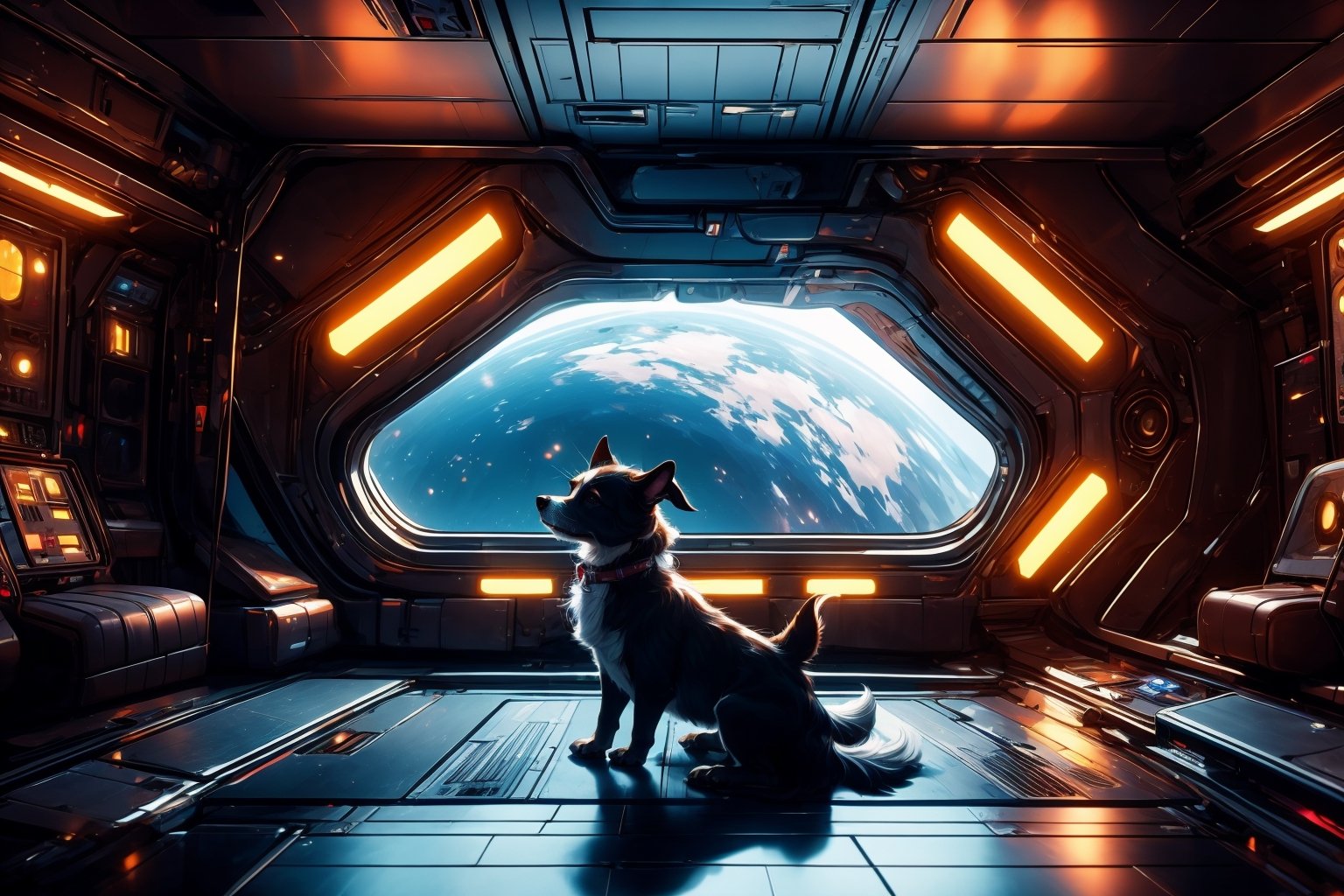 realistic, masterpiece, best quality, cute dog in astronaut suite, ultra high definition, masterpiece, best quality, astroverse, spaceship, nasa, interior of a spaceship, astronaut, astronaut dog, cosmo, space,Futuristic room,3d