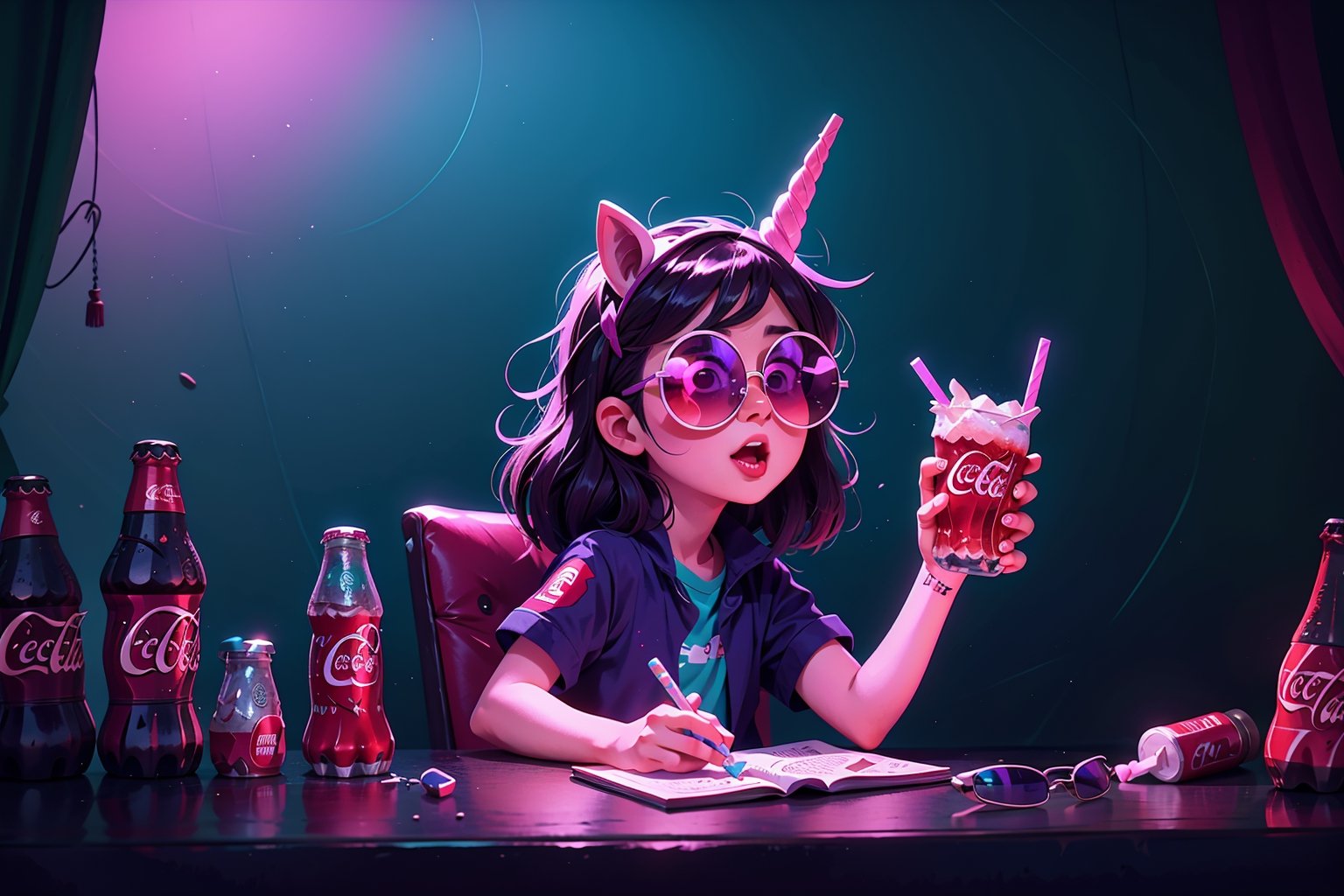 Unicorn with sunglasses drinking coke, COCA-COLA, drink, drinking coke, realistic, photorealistic, cinematic, Magical Fantasy style, Magical Fantasy style, neon photography style,3DMM