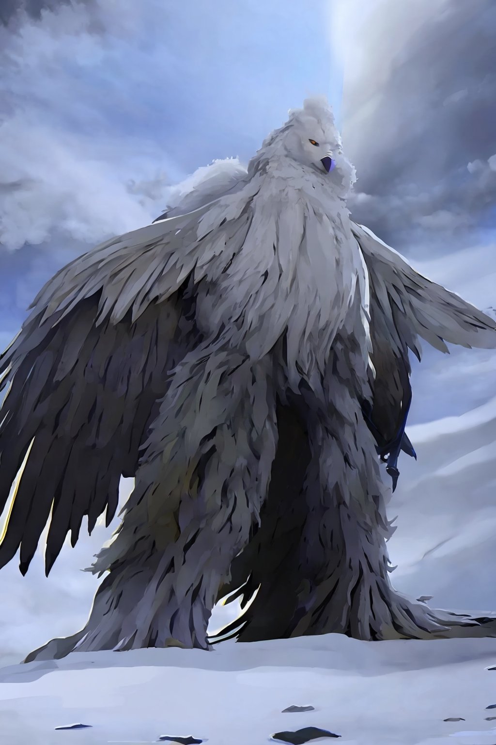 Opium bird, standing, feathers, white feathers, bird, birdman, humanoid, bird head, with extremely long beak, long beak, long mouth, full body, bird legs, bird arms, sinister, terrifying, beautiful , ragged, wide body, fat

High quality, HD, 4kHD, cinematic, atmospheric, realistic, ultra-realistic
snow, mountain, cloudy, gray sky, dark clouds
Detail,lora:largebulg1-000012:1,AIDA_NH_humans,Pixel art,lora:largebulg1-000012:1