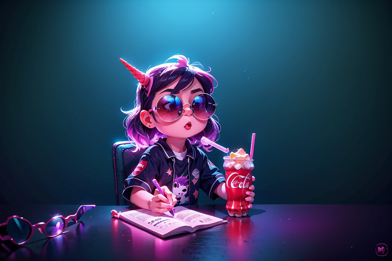 Unicorn with sunglasses drinking coke, COCA-COLA, drink, drinking coke, realistic, photorealistic, cinematic, Magical Fantasy style, Magical Fantasy style, neon photography style,3DMM