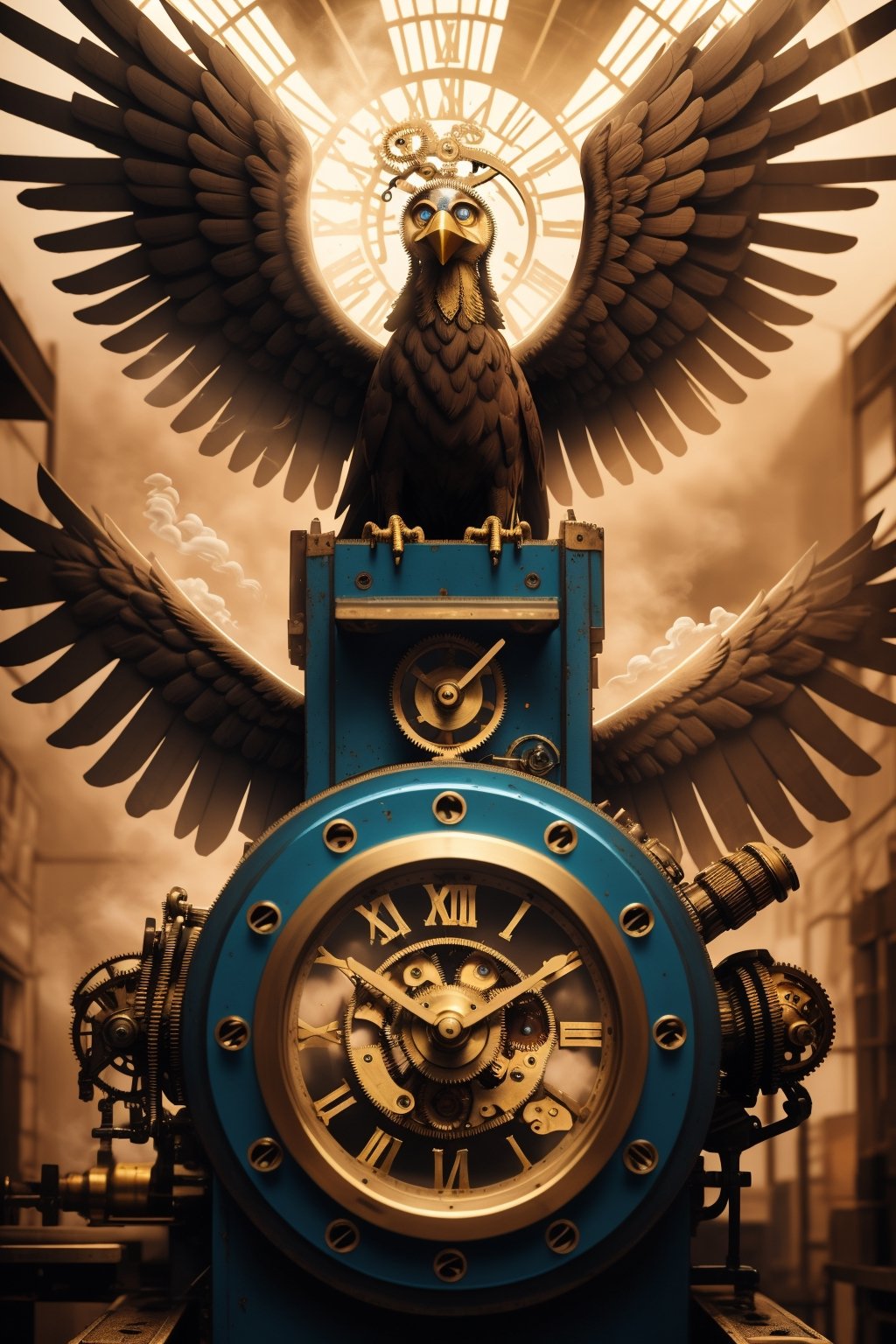 Generates an image of a majestic Steampunk-style robot eagle. Its body is meticulously constructed using intricate clockwork mechanisms, with gears and bronze parts forming its structure. Its rusted metal wings spread elegantly, displaying details of rivets and steam pipes. His eyes shine with an intense golden light, while his beak is adorned with brass ornaments. The eagle stands in an imposing pose, as if it is about to take flight into the steamy skies of a Steampunk city