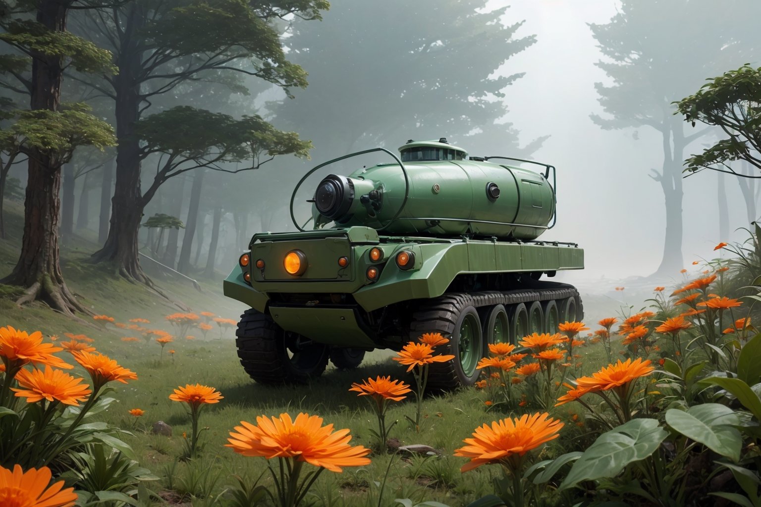  in a green meadow, , in forest, surrounded by nature, fog, bright orange flowers, sunny day, truck with weapons,, high quality, great detail, enveloping atmosphere,,  Spider Tank in a green meadow,non-humanoid robot