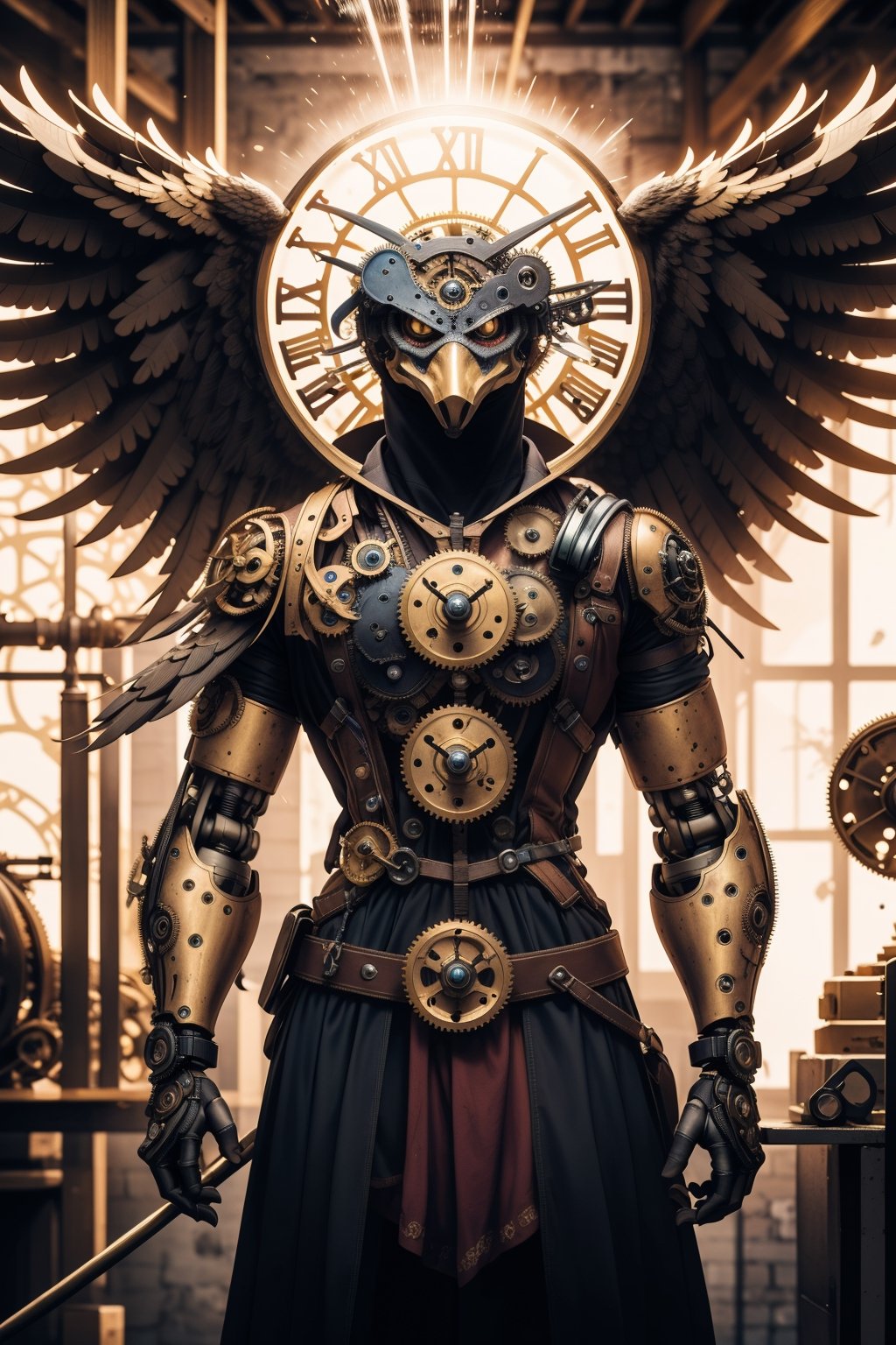 Generates an image of a majestic Steampunk-style robot eagle. Its body is meticulously constructed using intricate clockwork mechanisms, with gears and bronze parts forming its structure. Its rusted metal wings spread elegantly, displaying details of rivets and steam pipes. His eyes shine with an intense golden light, while his beak is adorned with brass ornaments. The eagle stands in an imposing pose, as if it is about to take flight into the steamy skies of a Steampunk city,mechanical,metal