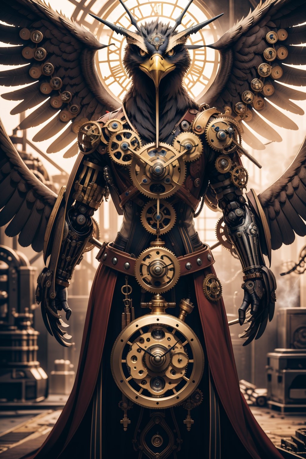 Generates an image of a majestic Steampunk-style robot eagle. Its body is meticulously constructed using intricate clockwork mechanisms, with gears and bronze parts forming its structure. Its rusted metal wings spread elegantly, displaying details of rivets and steam pipes. His eyes shine with an intense golden light, while his beak is adorned with brass ornaments. The eagle stands in an imposing pose, as if it is about to take flight into the steamy skies of a Steampunk city,mechanical