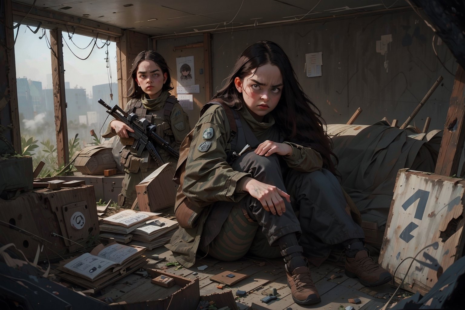 on the outside
assault rifle, holding a rifle, soldier clothing,
Iran, Afghanistan
fire, war crimes, apocalypse, war crimes, terrorism, terrorist, destroyed car

  assault rifle, firearm
Debris, destruction, ruined city, death and destruction.
​
2 girls
Angry, angry look, 
child, child focusloli focus, a girl dressed as a soldier, surrounded by war destruction, cloudy day, high quality, high detail, immersive atmosphere, fantai12,DonMG414, horror,full body,full_gear_soldier,full gear,soldier,r1ge,xxmixgirl, ,realistic,ink 