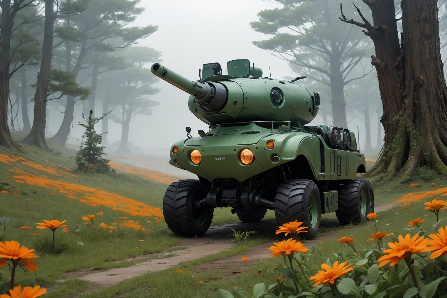  in a green meadow, , in forest, surrounded by nature, fog, bright orange flowers, sunny day, truck with weapons,, high quality, great detail, enveloping atmosphere,,  Spider Tank in a green meadow,non-humanoid robot