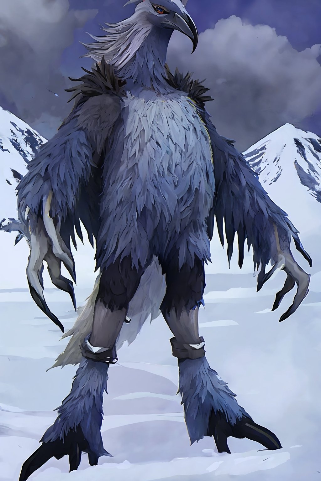 Opium bird, standing, feathers, white feathers, bird, birdman, humanoid, bird head, with extremely long beak, long beak, long mouth, full body, bird legs, bird arms, sinister, terrifying, beautiful , ragged, wide body, fat

High quality, HD, 4kHD, cinematic, atmospheric, realistic, ultra-realistic
snow, mountain, cloudy, gray sky, dark clouds
Detail,lora:largebulg1-000012:1,AIDA_NH_humans,Pixel art,lora:largebulg1-000012:1