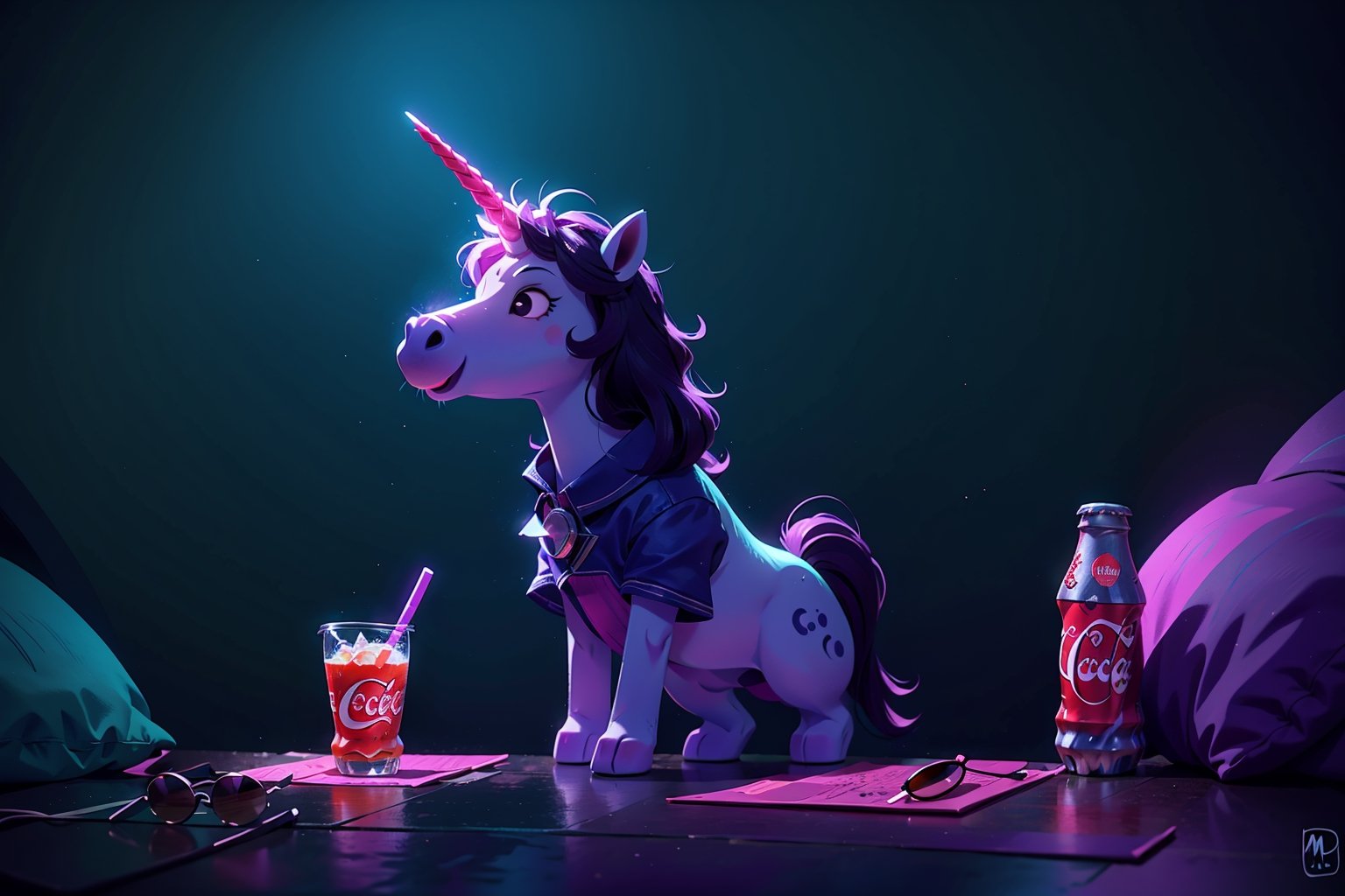 Unicorn with sunglasses drinking coke, COCA-COLA, drink, drinking coke, realistic, photorealistic, cinematic, Magical Fantasy style, Magical Fantasy style, neon photography style,3DMM