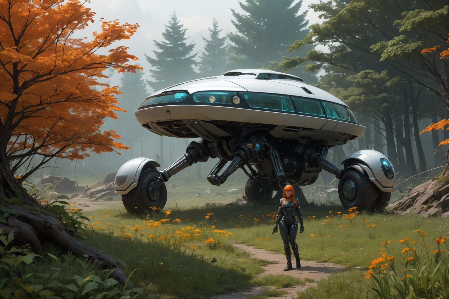  Spider Tank in a green meadow, , surrounded by nature, high detail in the face, bright orange flowers, sunny day, surrounded by small forest animals, high quality, great detail, enveloping atmosphere,AIDA_LoRA_yulzy,fantasy00d,fantai12,DonMG414 ,eggmantech,horror,hackedtech,full body, perfect hands,FFIXBG,wrench_elven_arch,outdoors,Beauty,ai ohto,1 girl,gigantic_breast,non-humanoid robot,  with futuristic suit