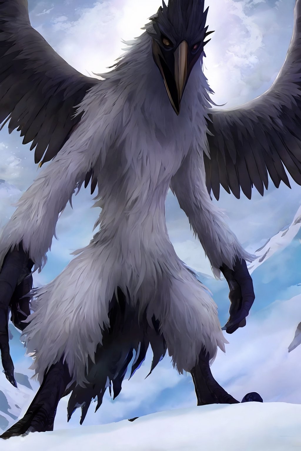 Opium bird, standing, feathers, white feathers, bird, birdman, humanoid, bird head, with extremely long beak, long beak, long mouth, full body, bird legs, bird arms, sinister, terrifying, beautiful , ragged, wide body, fat

High quality, HD, 4kHD, cinematic, atmospheric, realistic, ultra-realistic
snow, mountain, cloudy, gray sky, dark clouds
Detail,lora:largebulg1-000012:1,AIDA_NH_humans,Pixel art