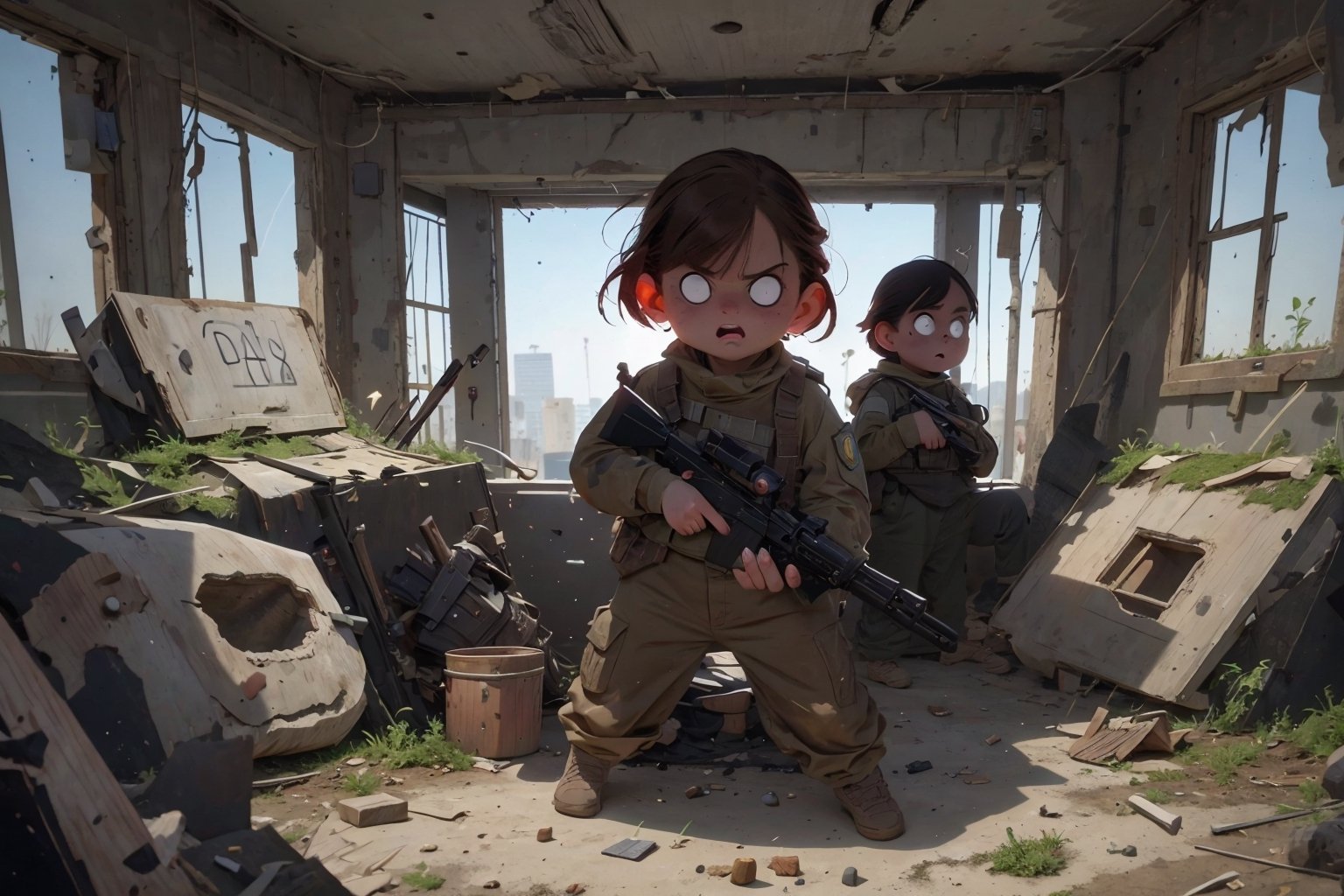 on the outside
assault rifle, holding a rifle, soldier clothing,
Iran, Afghanistan
fire, war crimes, apocalypse, war crimes, terrorism, terrorist, destroyed car

  assault rifle, firearm
Debris, destruction, ruined city, death and destruction.
​
2 girls
Angry, angry look, 
child, child focusloli focus, a girl dressed as a soldier, surrounded by war destruction, cloudy day, high quality, high detail, immersive atmosphere, fantai12,DonMG414, horror,full body,full_gear_soldier,full gear,soldier,r1ge