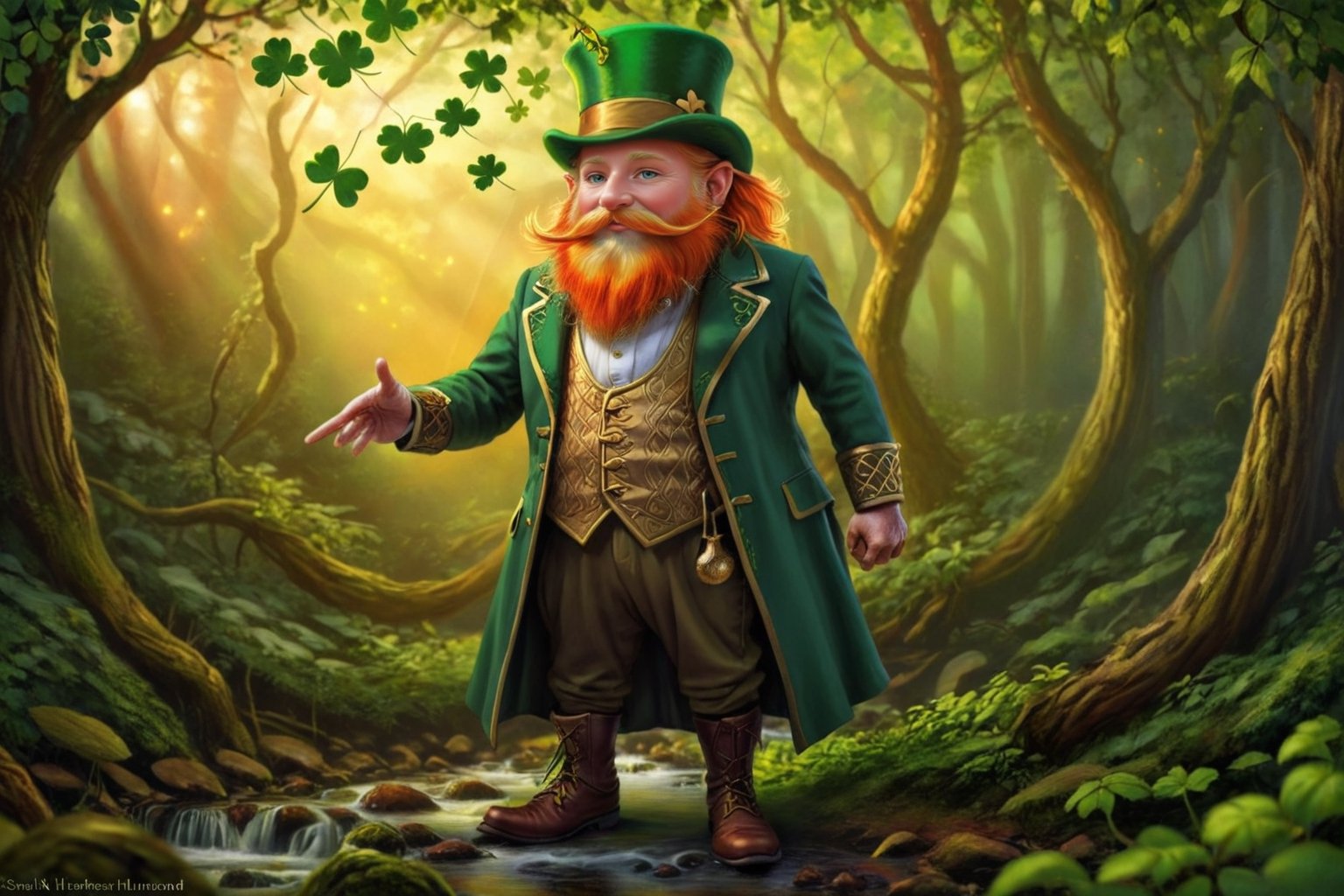 orange hair and beard
1 person only
facial features of an old man, elderly person, grandfather's face
detailed facial features, great detail on the face
dwarf, pixie, very short man
(((standing, full body, Leprechaun, Irish leprechaun, forest spirit, humanoid, small man, green suit, green top hat)))
Imagine a mystical and enchanted landscape where emerald green and gold colors intertwine in a dance of light and shadow. In the center of the scene, an ancient forest emerges, its trees seem to whisper ancient secrets while the leaves dance to the rhythm of the wind. High in the sky, a resplendent rainbow curves majestically, revealing a legendary treasure that awaits those with brave hearts. In the clearing of this magical forest, an enigmatic figure appears: a leprechaun, guardian of fortune and bearer of the Celtic essence. The fae's gaze shines with ancient wisdom, inviting viewers to enter a realm of wonder and adventure. What hidden secrets and lost treasures await in this dream world inspired by the magic of St. Patrick and rich Celtic tradition?,SaintP,,asmongold,gothic art, oil painting,shards,druidic,Movie Still