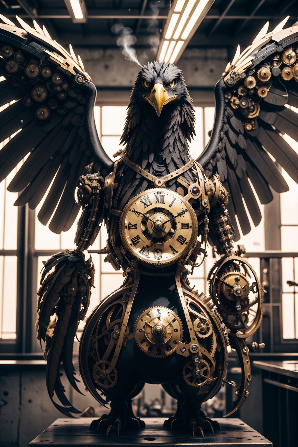 Generates an image of a majestic Steampunk-style robot eagle. Its body is meticulously constructed using intricate clockwork mechanisms, with gears and bronze parts forming its structure. Its rusted metal wings spread elegantly, displaying details of rivets and steam pipes. His eyes shine with an intense golden light, while his beak is adorned with brass ornaments. The eagle stands in an imposing pose, as if it is about to take flight into the steamy skies of a Steampunk city,mechanical,metal