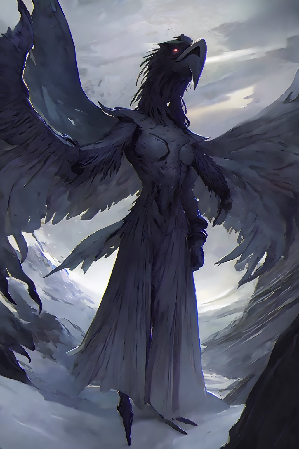 Opium bird, standing, feathers, white feathers, bird, birdman, humanoid, bird head, with extremely long beak, long beak, long mouth, full body, bird legs, bird arms, sinister, terrifying, beautiful , ragged, wide body, fat

High quality, HD, 4kHD, cinematic, atmospheric, realistic, ultra-realistic
snow, mountain, cloudy, gray sky, dark clouds
Detail,lora:largebulg1-000012:1,AIDA_NH_humans