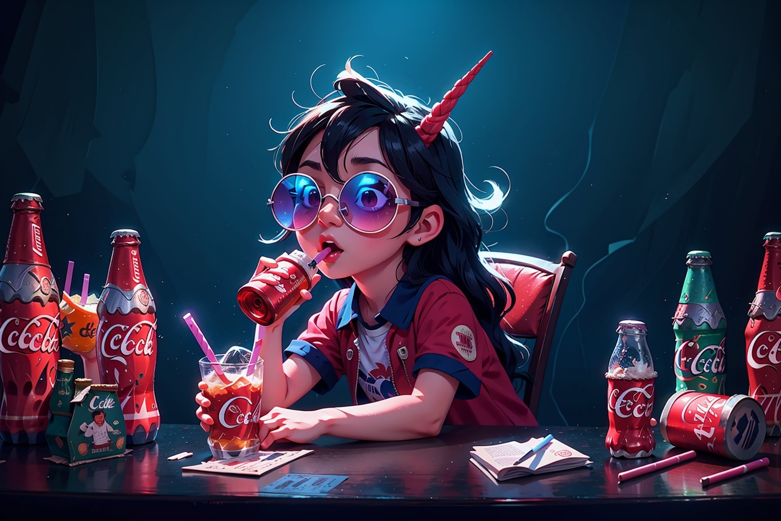 Unicorn with sunglasses drinking coke, COCA-COLA, drink, drinking coke, realistic, photorealistic, cinematic, Magical Fantasy style, Magical Fantasy style, neon photography style,3DMM