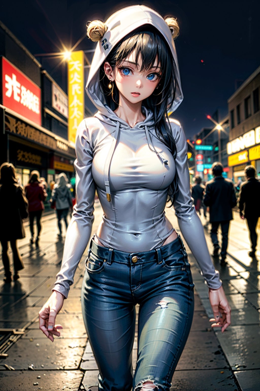 (Masterpiece, best quality, high quality), 1girl, beautiful face, blue eyes, long hair, best view, solo_female, better_hands, cyberpunk theme, neon, night sky, masterpiece, realhands, female hands, adult female, night sky, close up camera, hoodie, jeans, crowd:0.6,futureaodai, walking