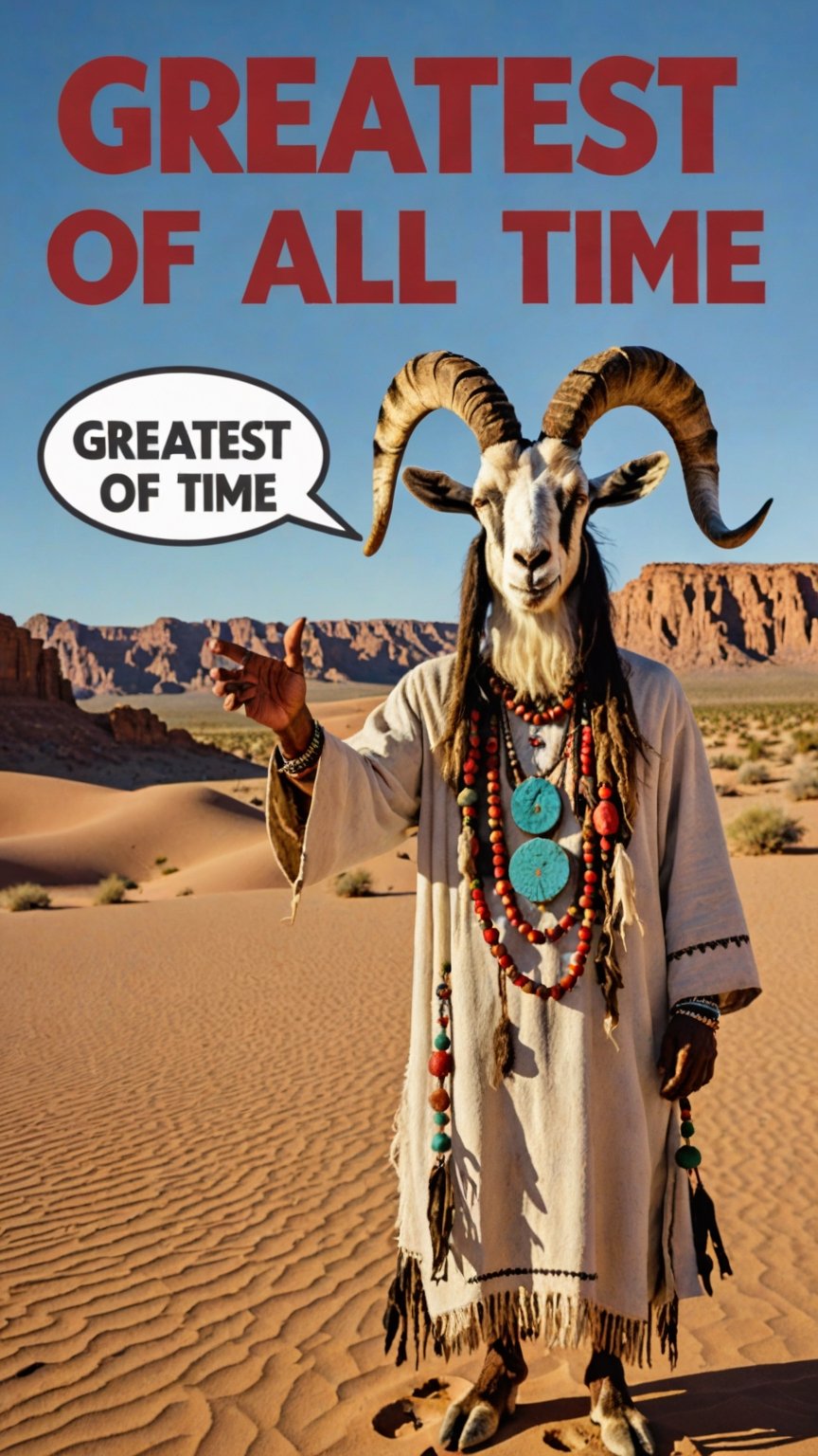 Photo of holy goat man shaman in desert with text bubble that says "greatest of all time"