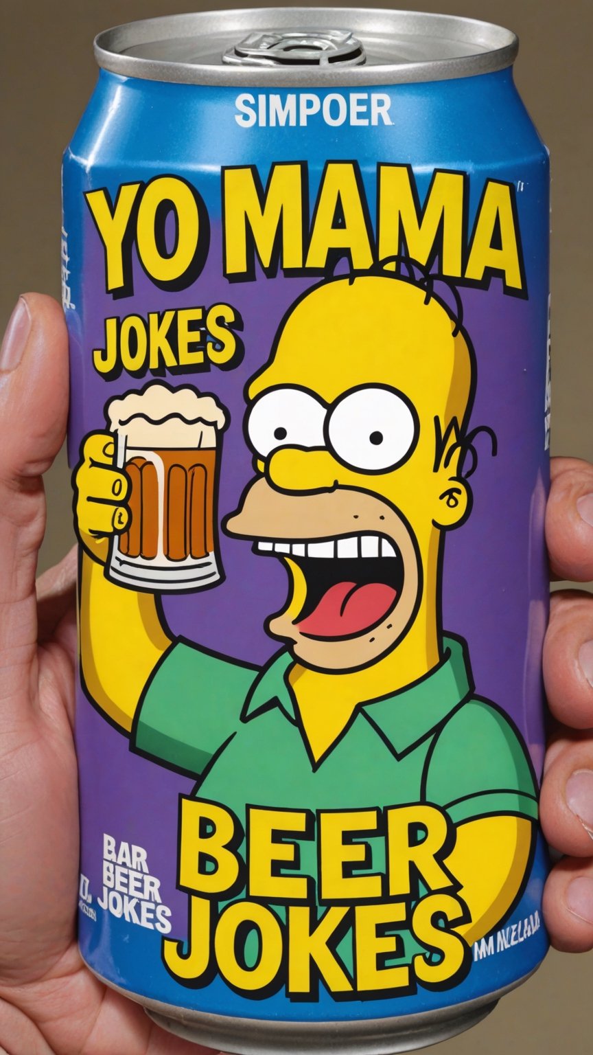 photo of Homer Simpson as Joker in beer can with text that says "yo mama jokes"