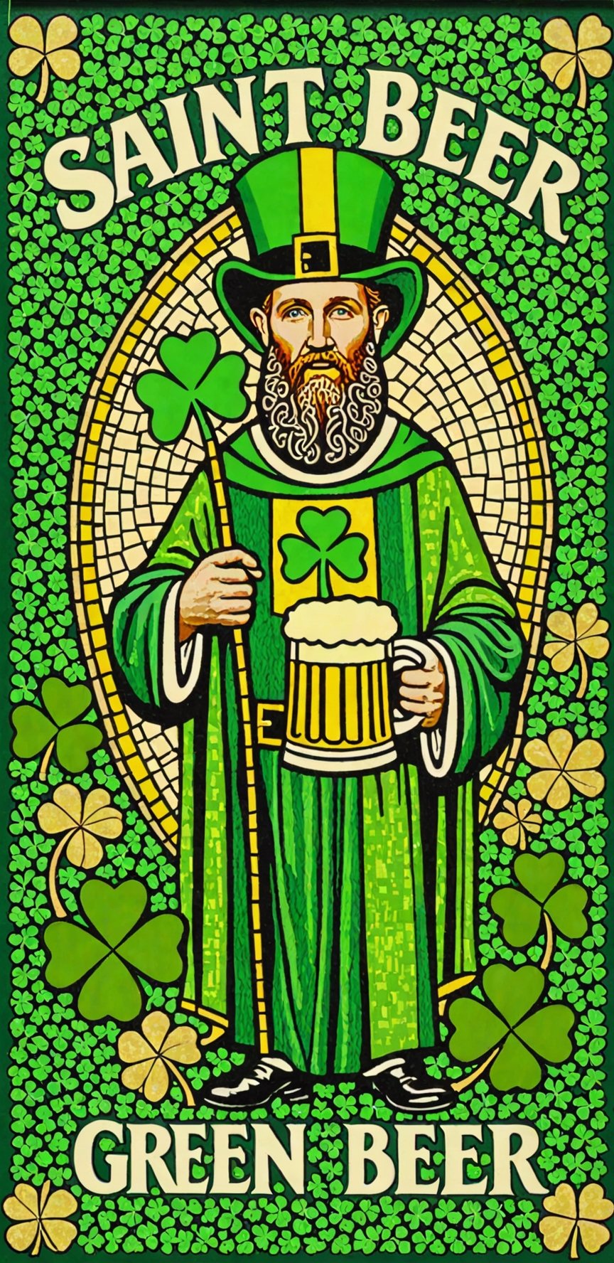 (masterpiece, best quality, ultra-detailed), Image of Saint Patrick, four leaf clover mosaic, with text that says "Green Beer"