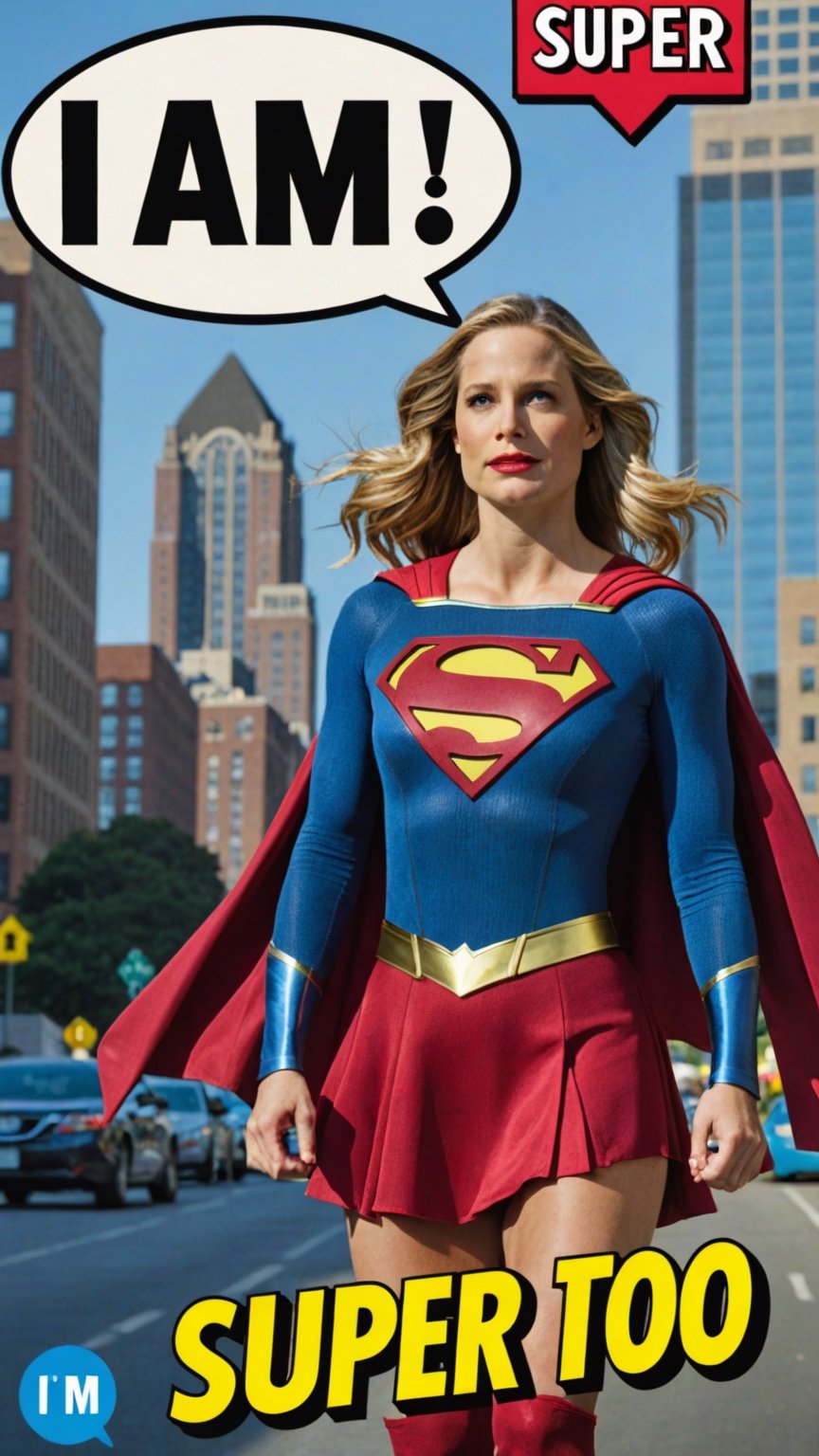 Photo of Supergirl in city with text bubble that says "I am super too"