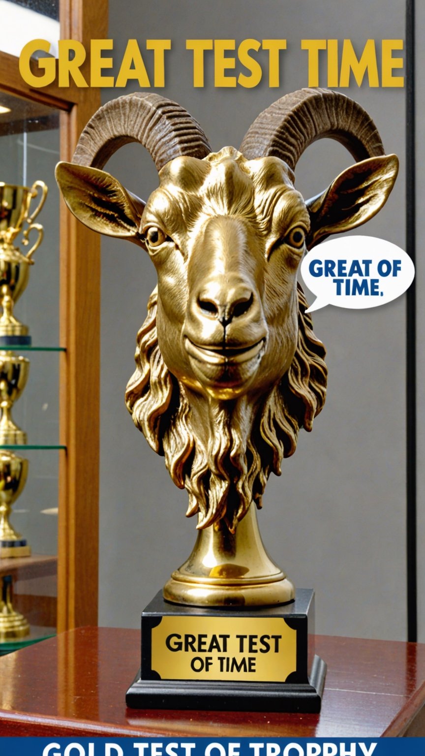 Photo of gold goat head trophy in trophy case with text bubble that says "great test of time"