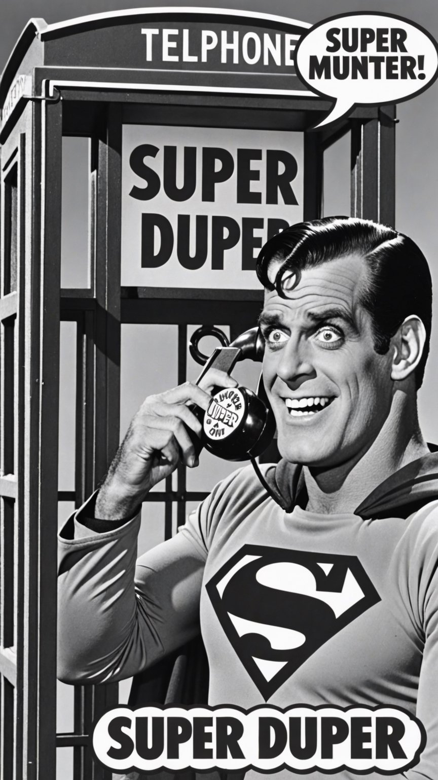 Black and white photo of Herman Munster as Superman in telephone booth with text bubble that says "super DUPER man"