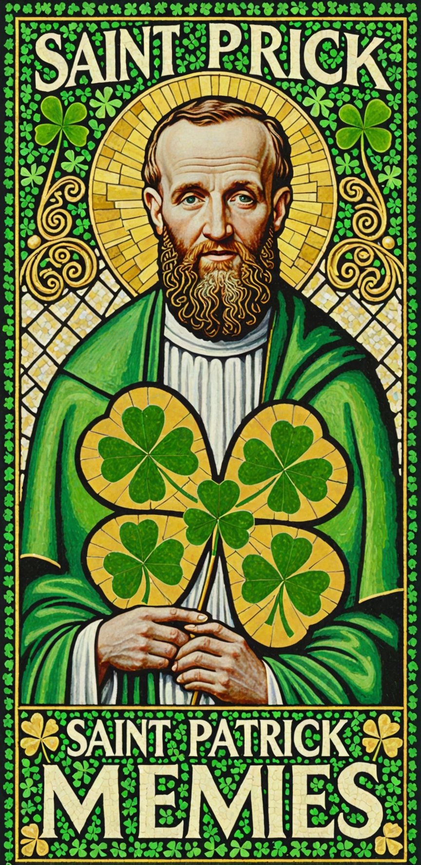 (masterpiece, best quality, ultra-detailed), Image of Saint Patrick, four leaf clover mosaic, with text that says "Memes XL"