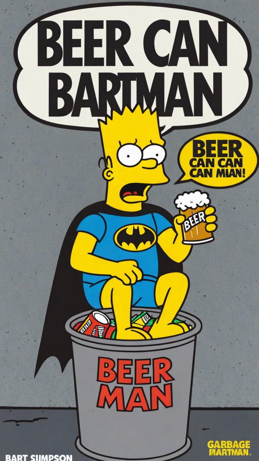Photo of Bart Simpson as batman in garbage can with text bubble that says "Beer can Bart man"