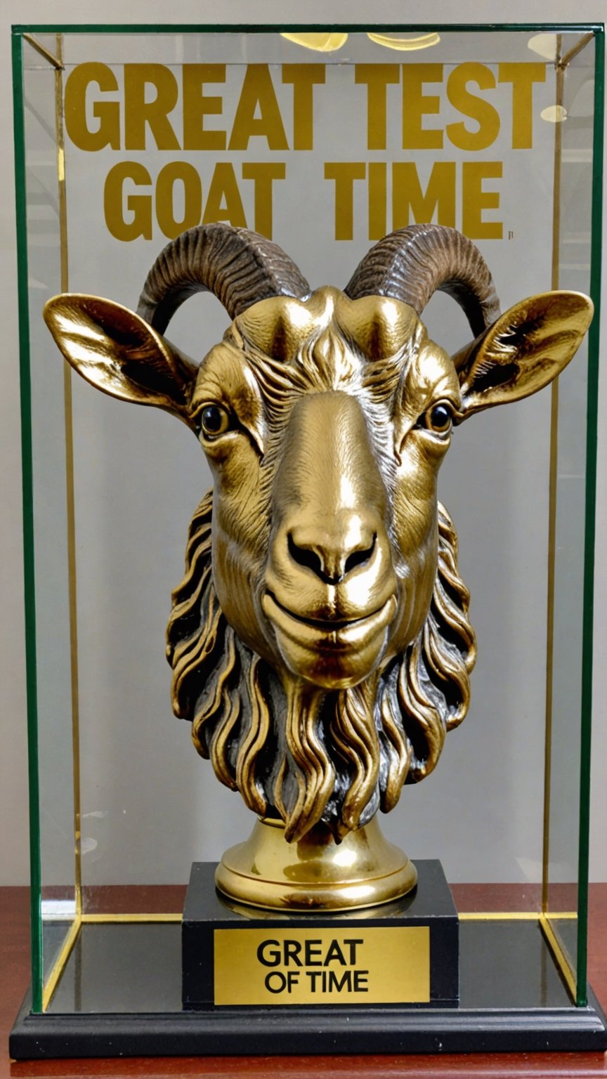 Photo of gold goat head trophy in trophy case with text bubble that says "great test of time"
