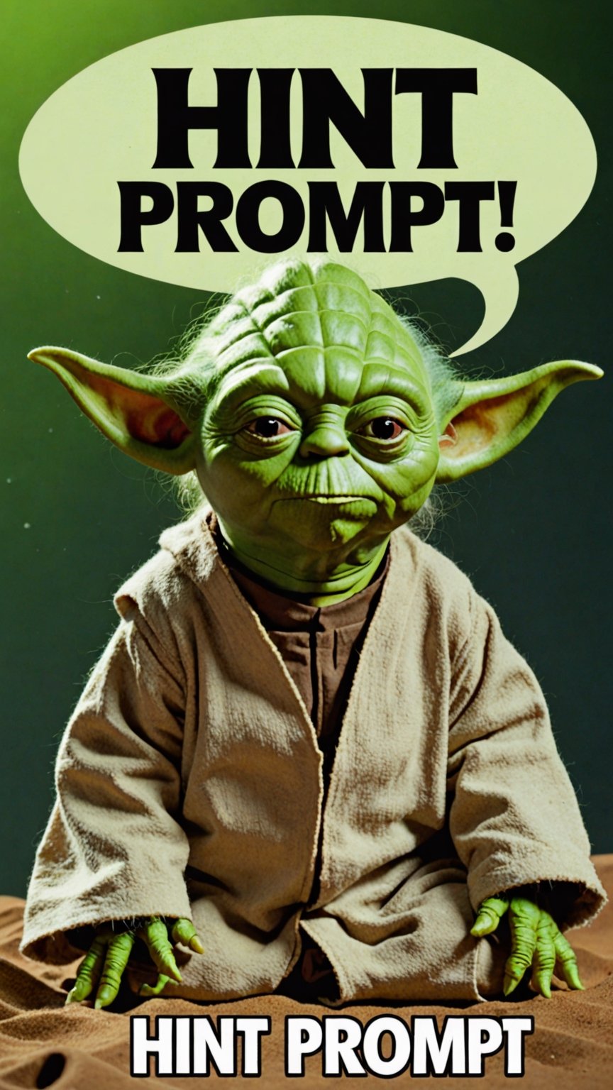 Photo of Yoda with text bubble that says "hint prompt"