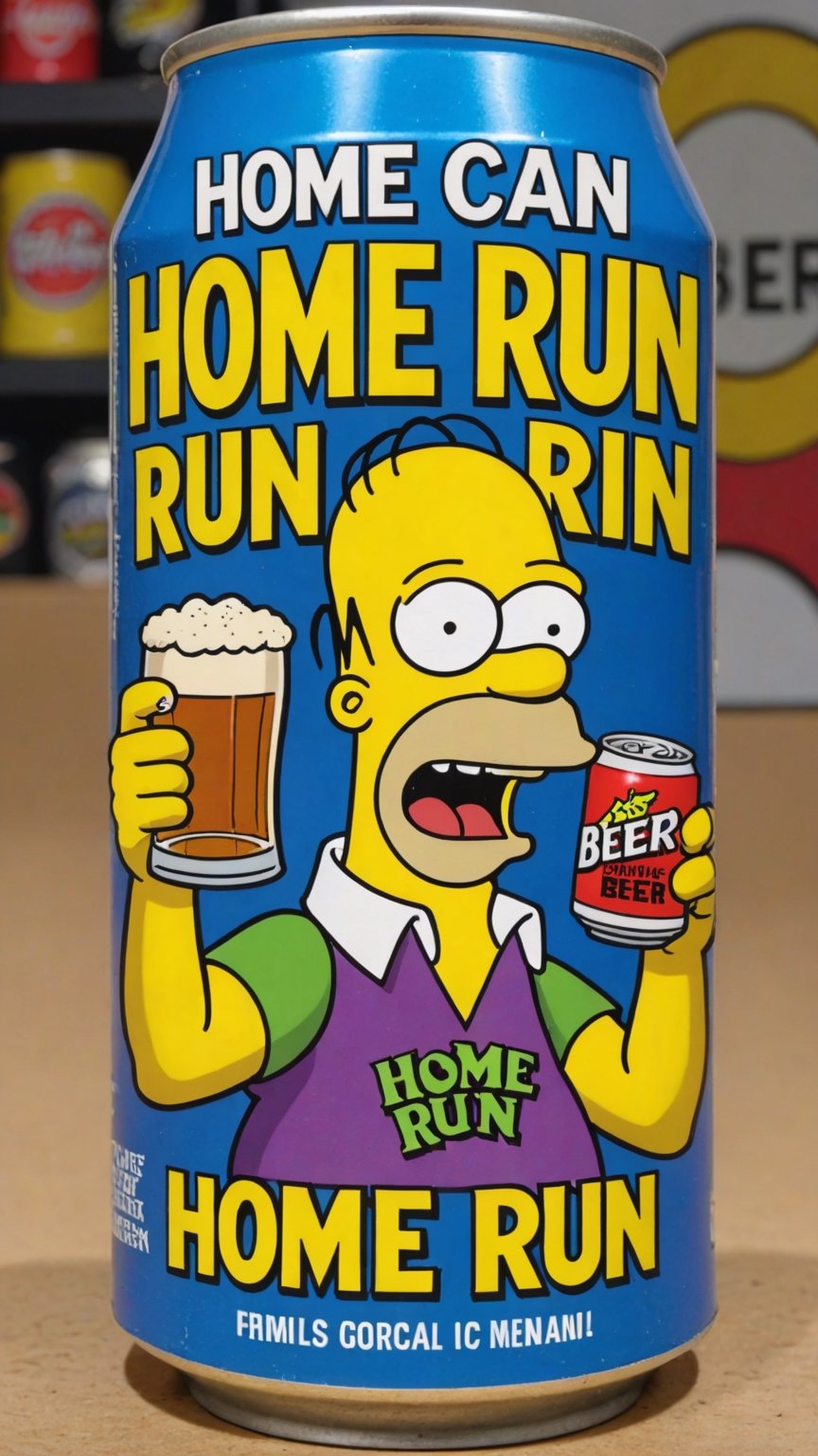 photo of Homer Simpson as Joker in beer can with text that says "home run beer"