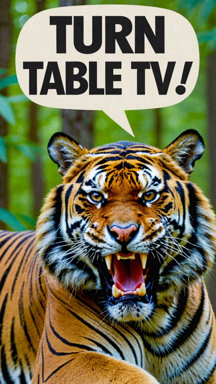 Photo of angry tiger in woods with text bubble that says "turn table tv"