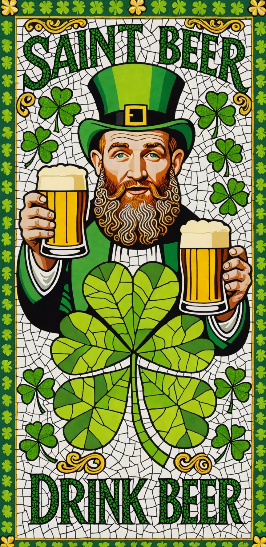 (masterpiece, best quality, ultra-detailed), Image of Saint Patrick, four leaf clover mosaic, with text that says "Drink Beer"